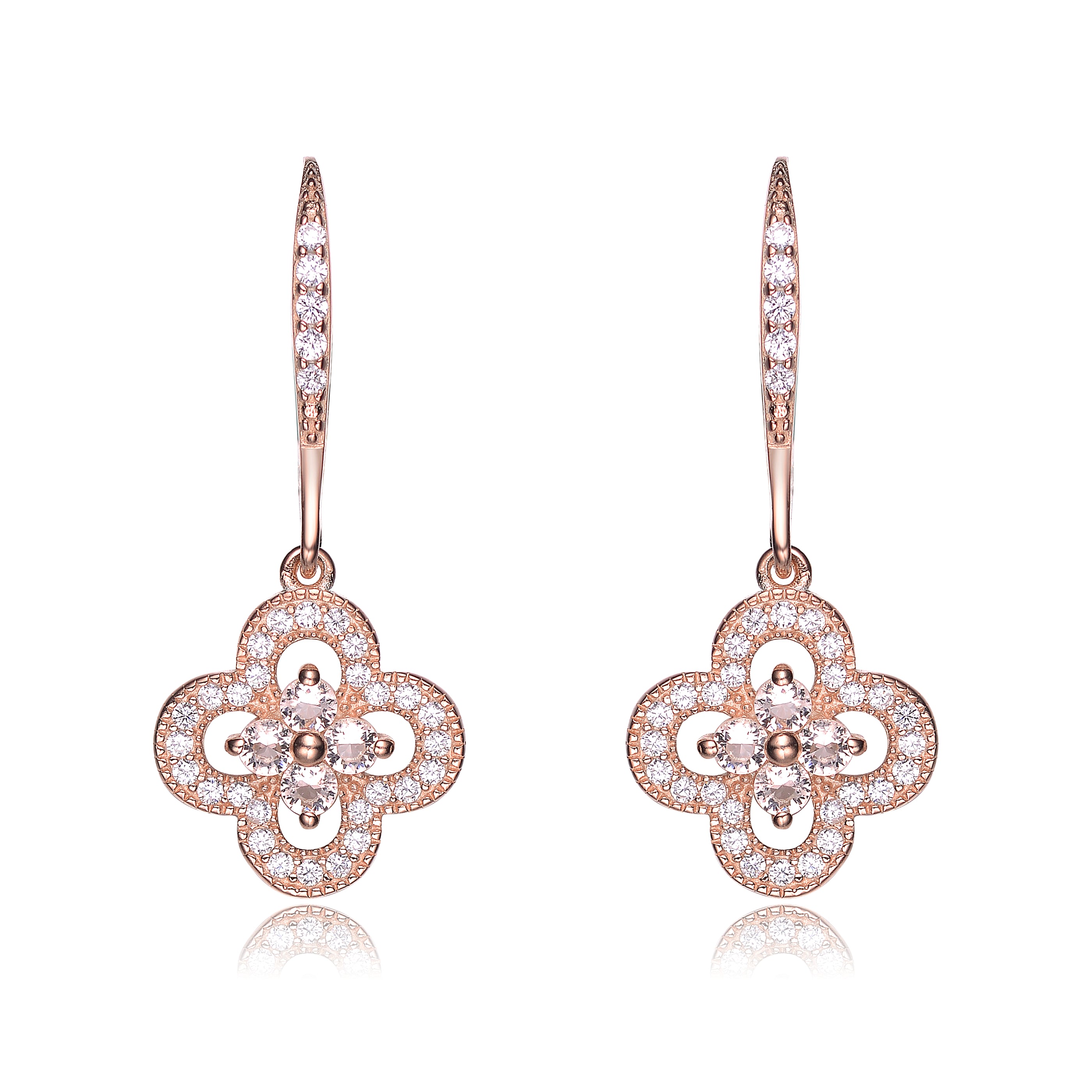 Women’s White / Rose Gold Cubic Zirconia Sterling Silver Rose Gold Platted Flower Shape Micro Pave Earrings Genevive Jewelry