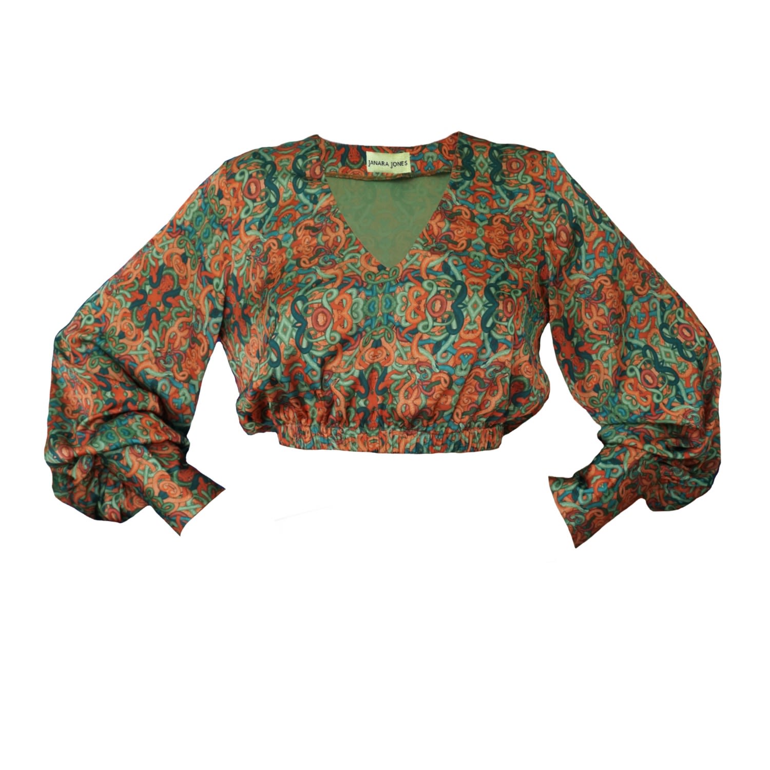 Women’s Brown / Yellow / Orange Snakes Print Satin Long Sleeve V-Neck Blouse Medium Janara Jones