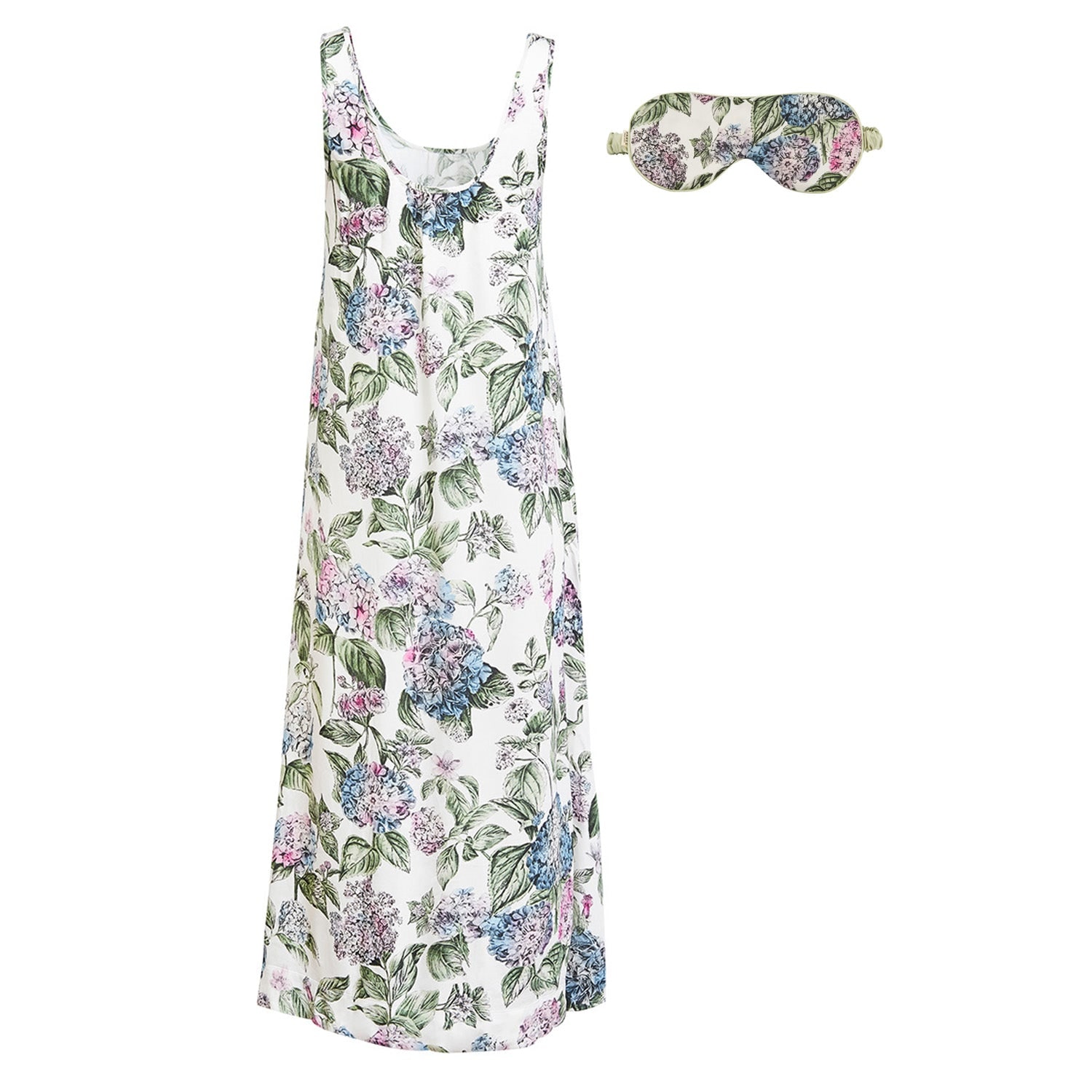 Fable England Women's Neutrals / Pink / Purple Hydrangea Ivory Midi Nightie & Hydrangea Ivory Sleep Mask Set In Pink/purple