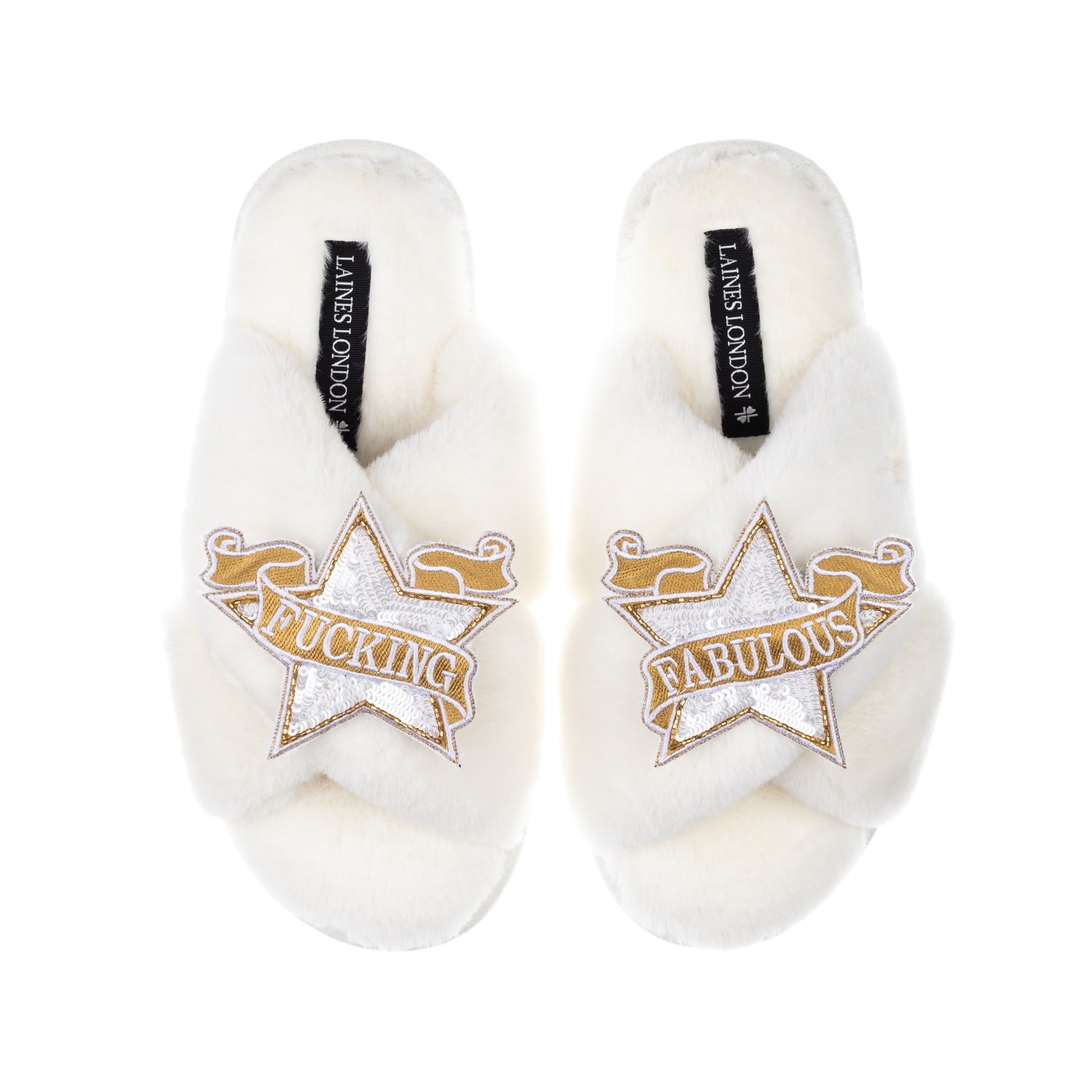 Women's White Classic Laines Slippers With Fucking Fabulous Brooches - Cream | Large | Laines London