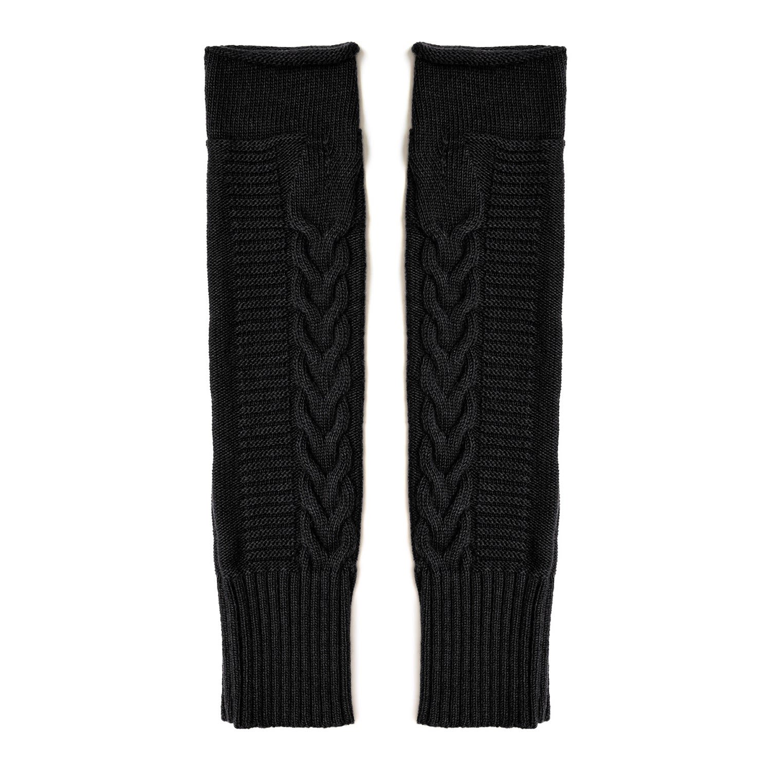 Women's Long Fingerless Cable Knit Arm Warmer Thumb Hole Stretchy Cashmere Blend Gloves - Black | One Size | Peraluna