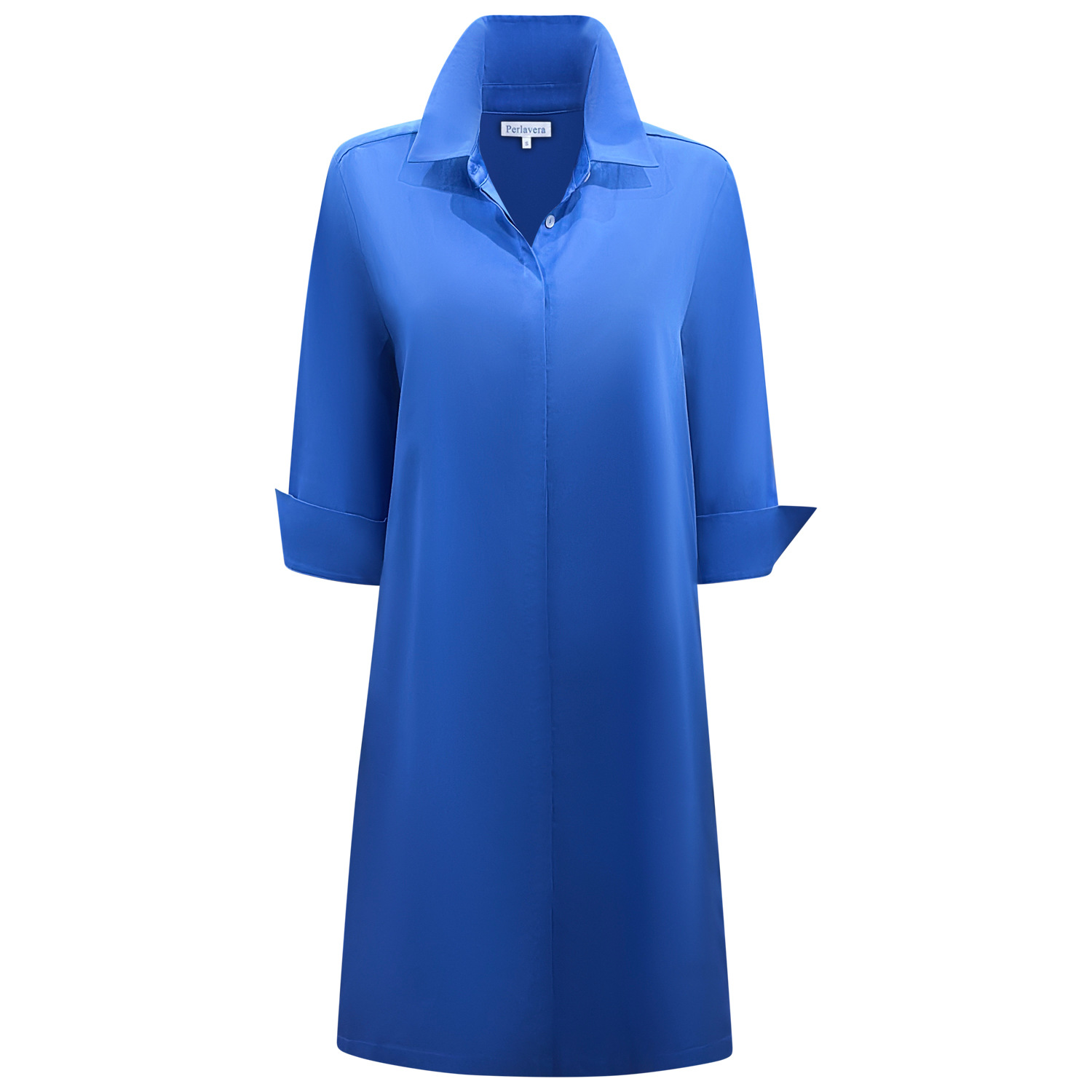 Perlavera Women's Blue Christy Midnight  Solid Cotton Satin Three Quarter Sleeve Length Gathered Back Midi Dre In Blue
