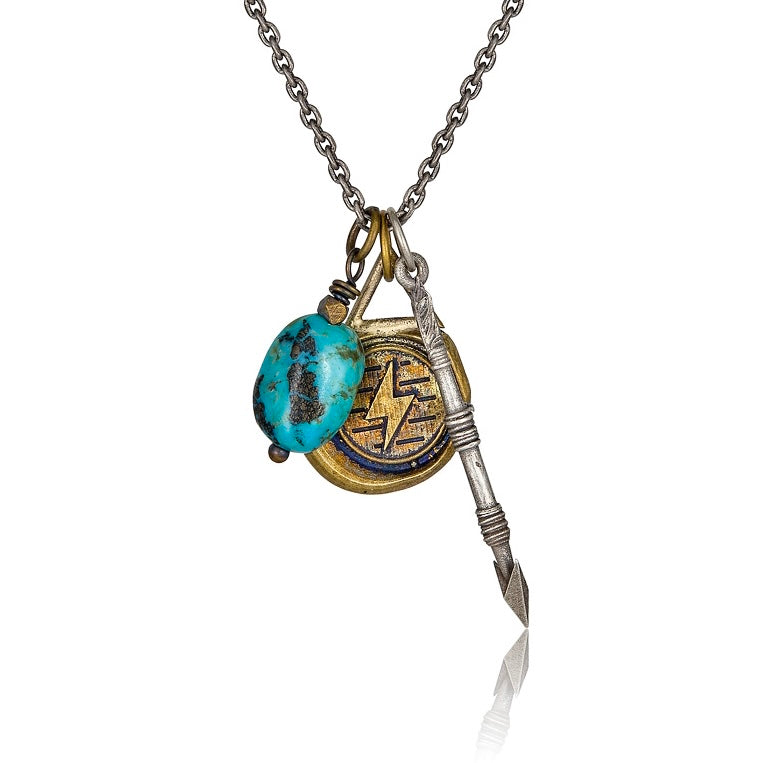 Cartography Men's Gold / White / Silver Lenape With Turquoise - Lightening Bolt And Arrow Necklace In Sterling S