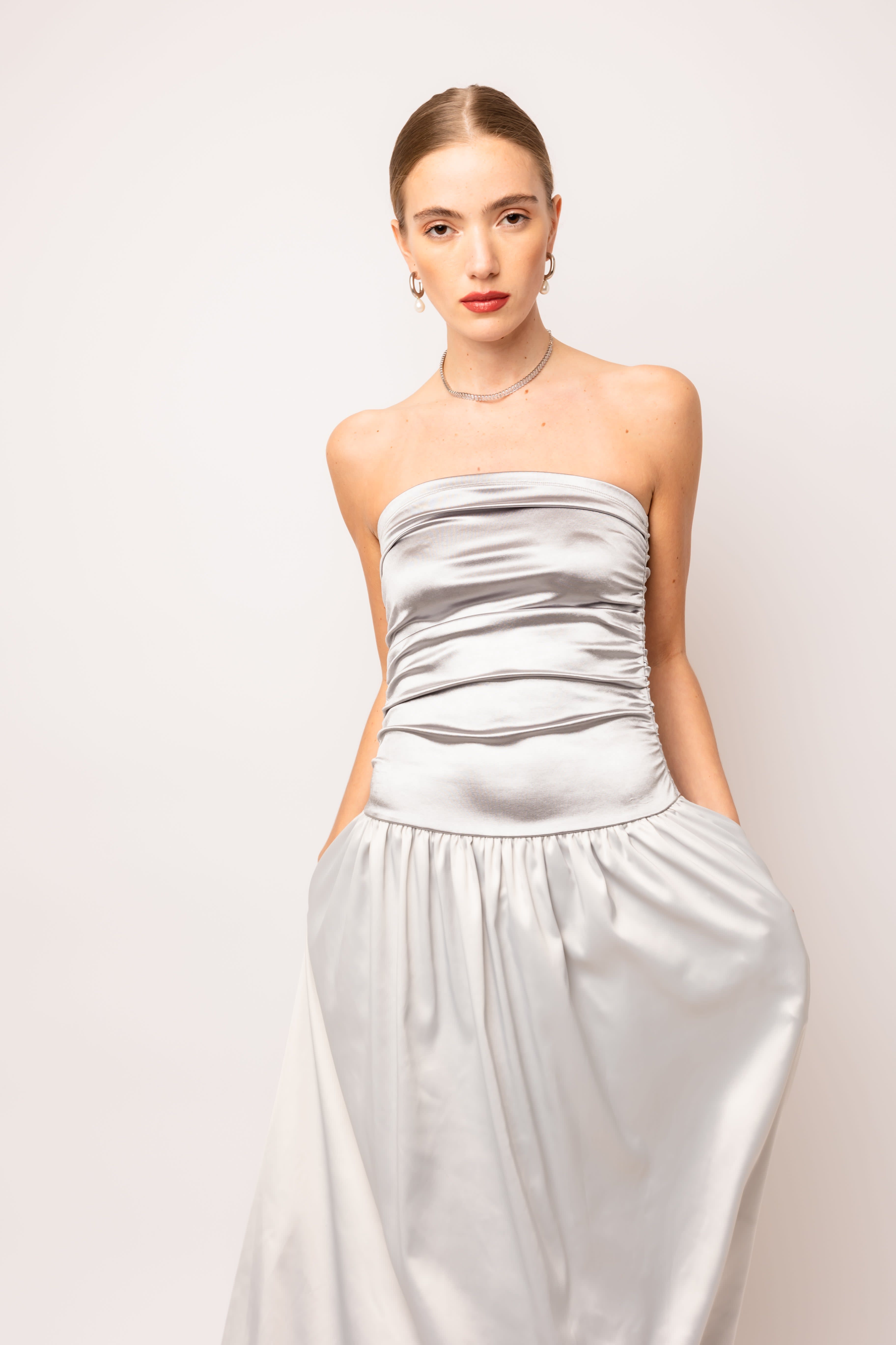 Micha Silver Maxi Satin Drop Waist Dress | AMY LYNN | Wolf