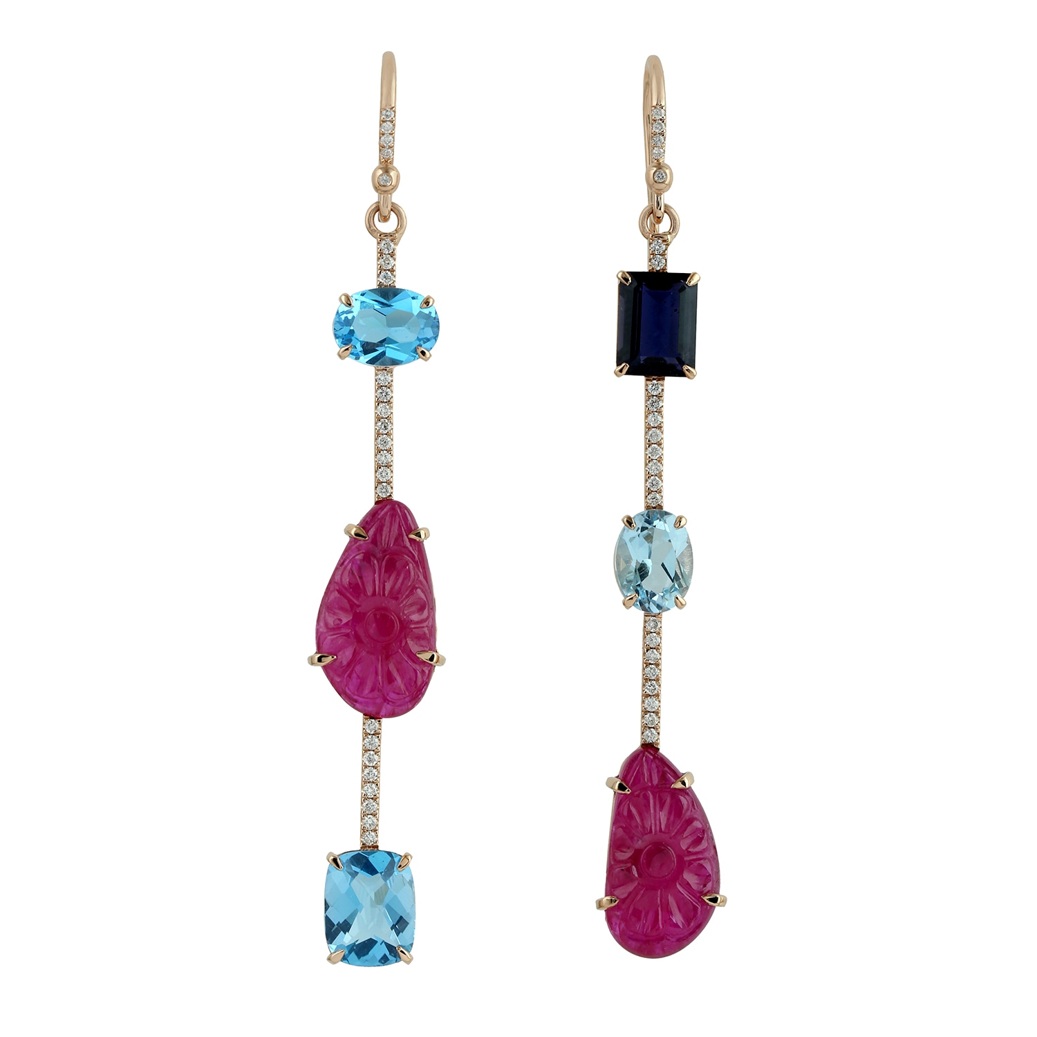 Women’s Pink / Purple / White 18K Rose Gold Prong Carved Ruby & Blue Topaz With Lolite Fancy Dangle Earrings Artisan