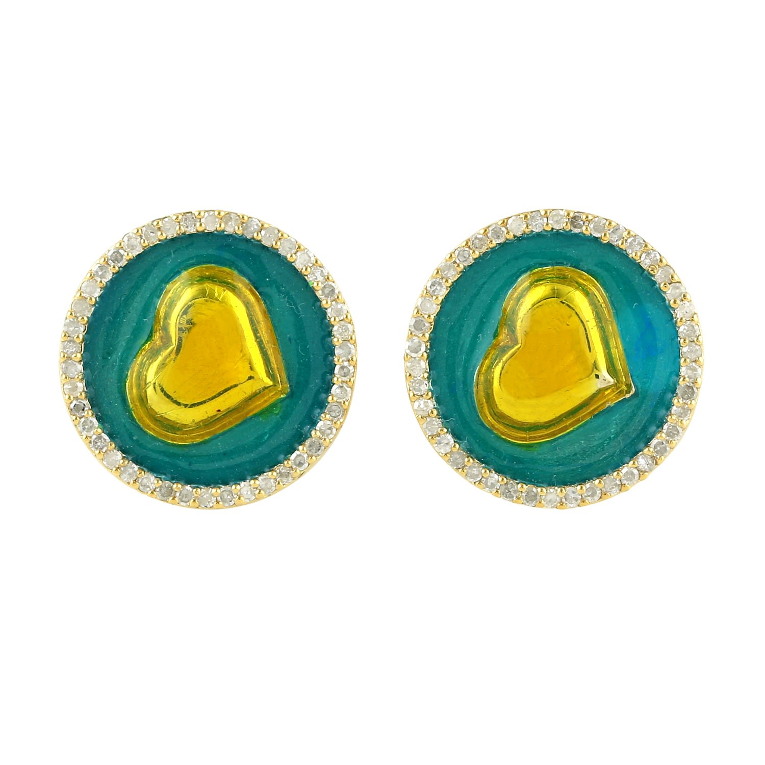 Women’s Gold / White 14K Yellow Gold Natural Pave Diamond Heart Shape Enamel Earrings Artisan