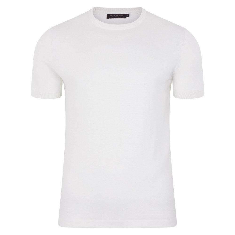 Paul James Knitwear Mens Ultra Fine Cotton Linen Salvador Knitted T-shirt - White In White