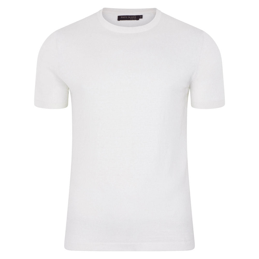 Mens Ultra Fine Cotton Linen Salvador Knitted T-Shirt - White Small Paul James Knitwear