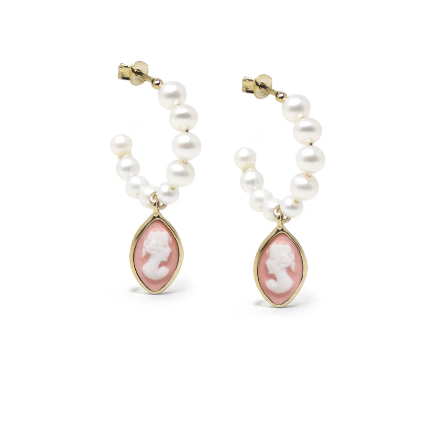 Vintouch Italy Women's Pink / Gold / White April Gold-plated Pearl And Pink Cameo Hoop Earrings