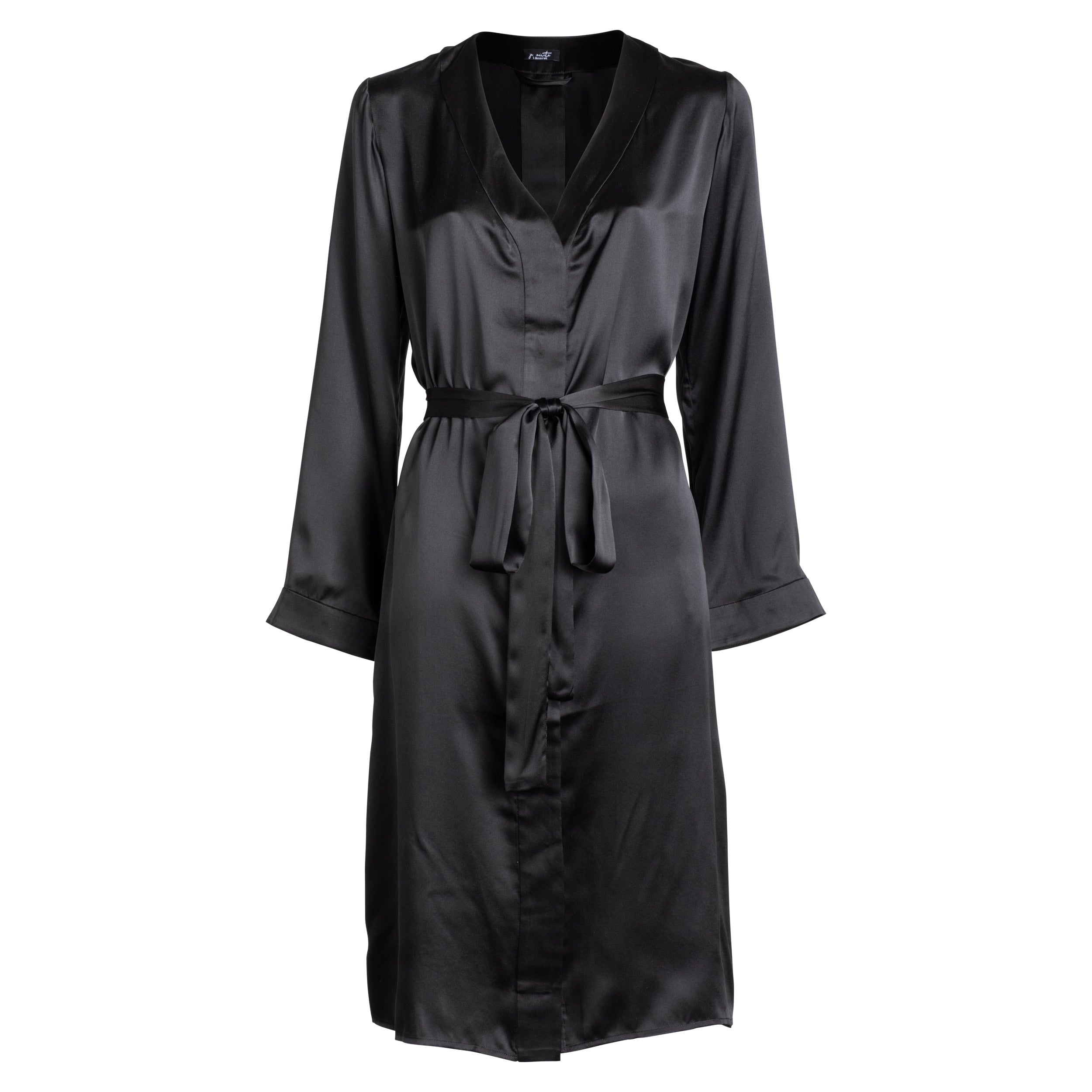 Love In The Dark Black Feather Cuff Silky Satin Robe & Cami Night Dress Set