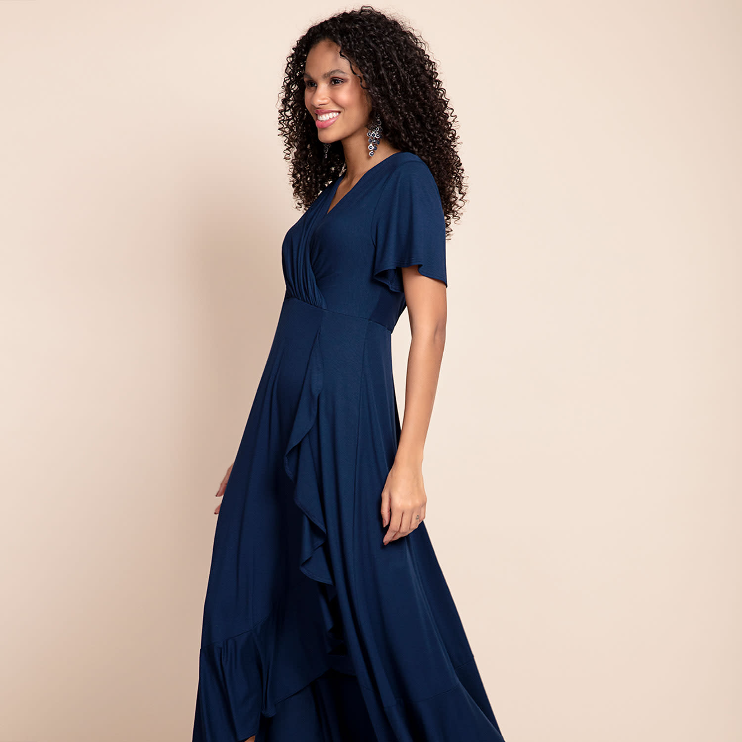 Petite Waterfall Midi Dress In Navy Blue | Alie Street London