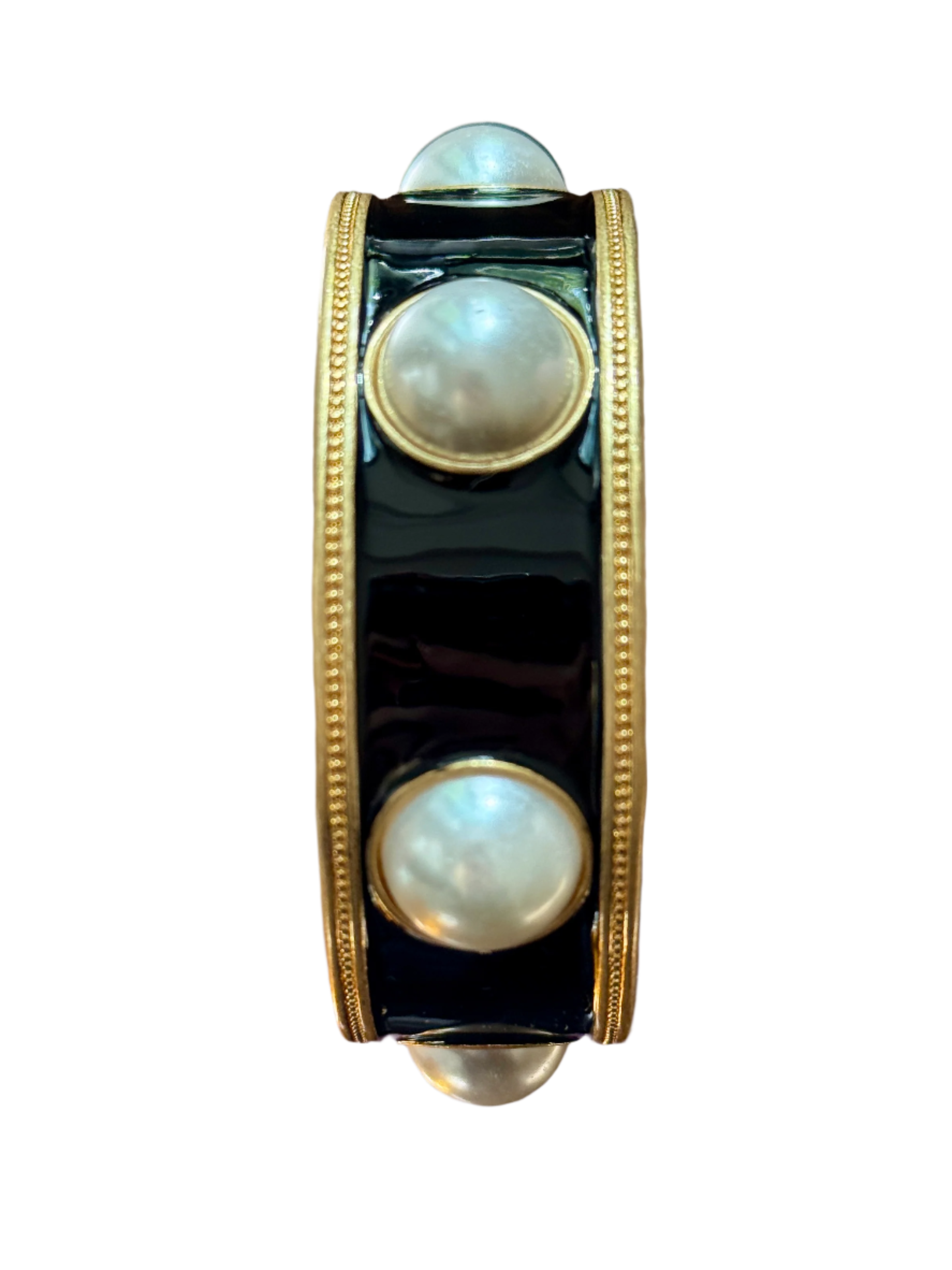 Laura Gray Women's Black Enamel Faux Pearl Wide Gold Bangle