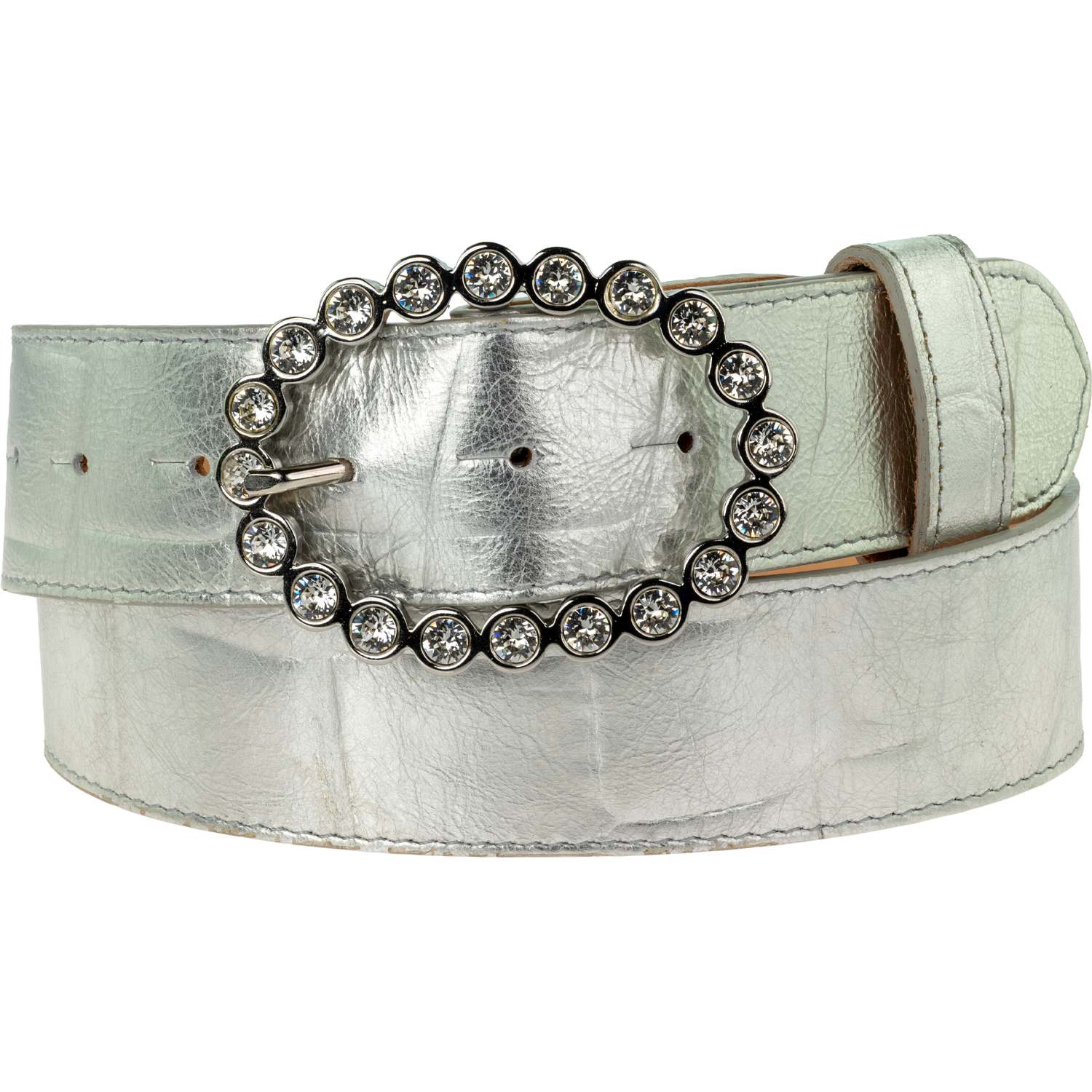 Women's Silver Croc Belt With Our White Oval Diamante Buckle | 30" | Peachy Belts Ltd