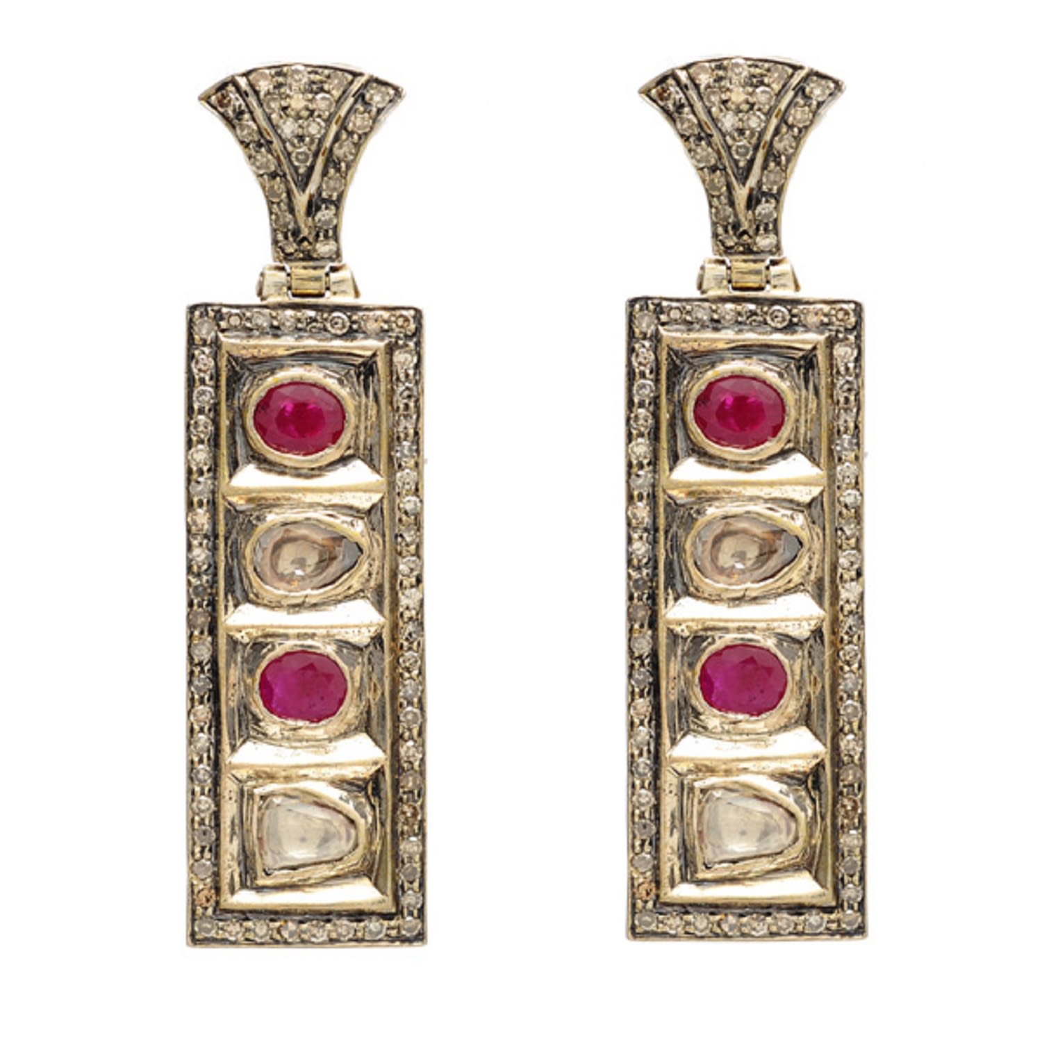 Women’s Silver / Red Uncut Diamond 925 Sterling Silver Dangle Earrings Ruby 18K Gold Artisan