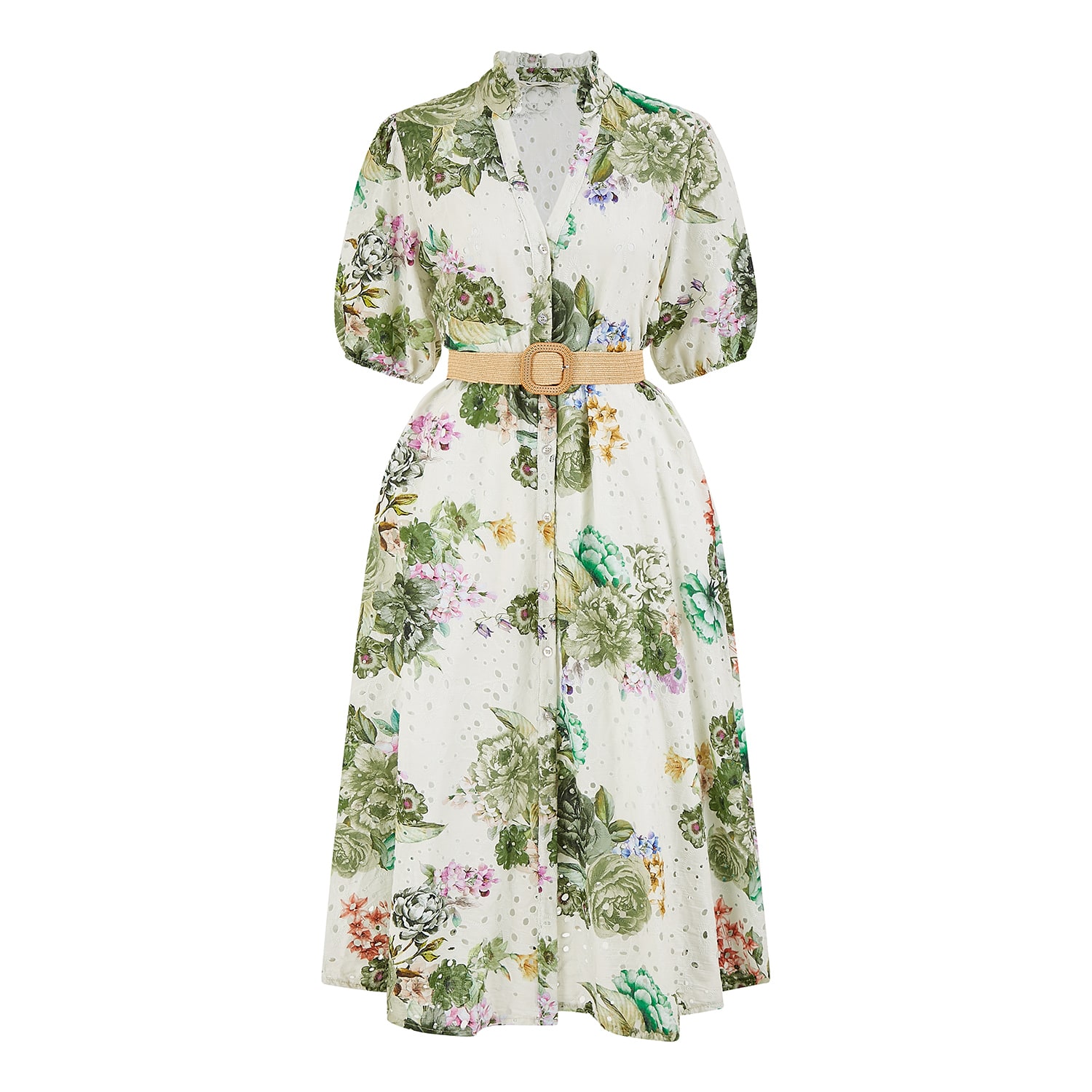Yumi Women's  Green Cotton Broderie Anglaise Midi Shirt Dress