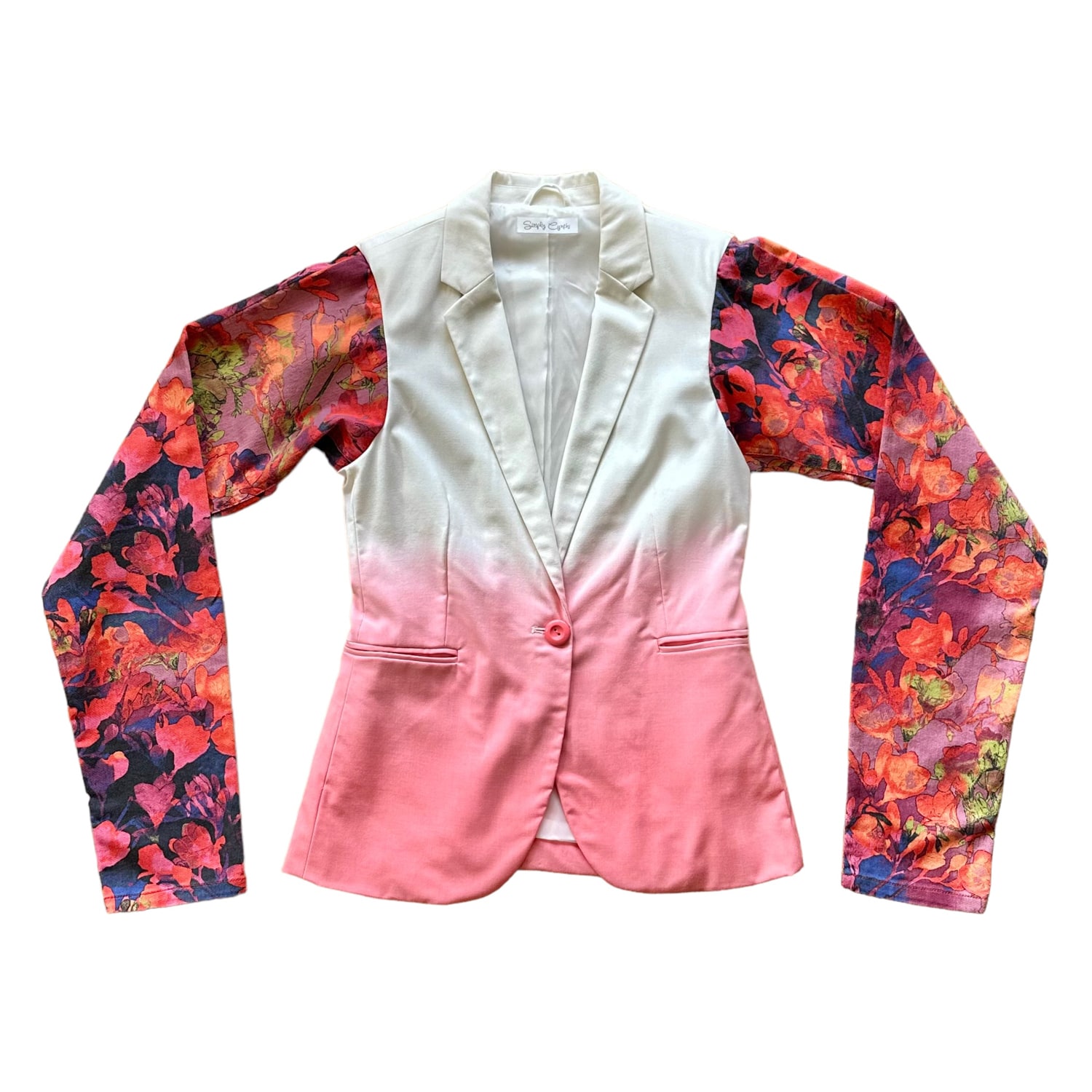 Women’s Upcycled Floral Denim Sleeve Blazer - White & Pink S/M Simply Cynthi