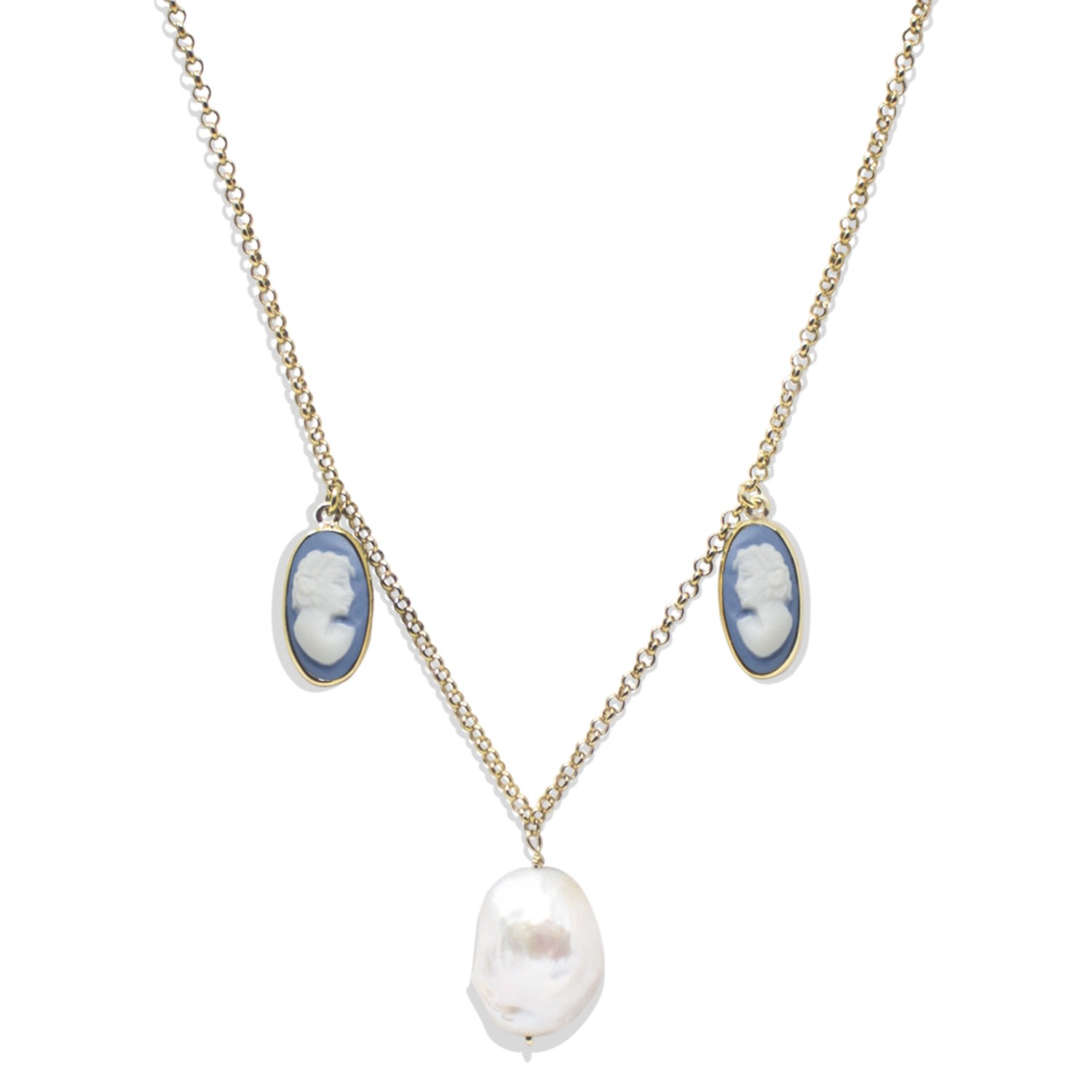 Vintouch Italy Women's Gold / Blue Medea Gold-plated Sky Blue Cameo And Pearl Necklace In Multi