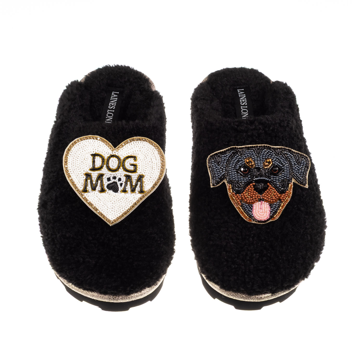 Laines London Women's Teddy Closed Toe Slippers With Dog Mum / Mom & Rottweiler Brooches - Black In Black