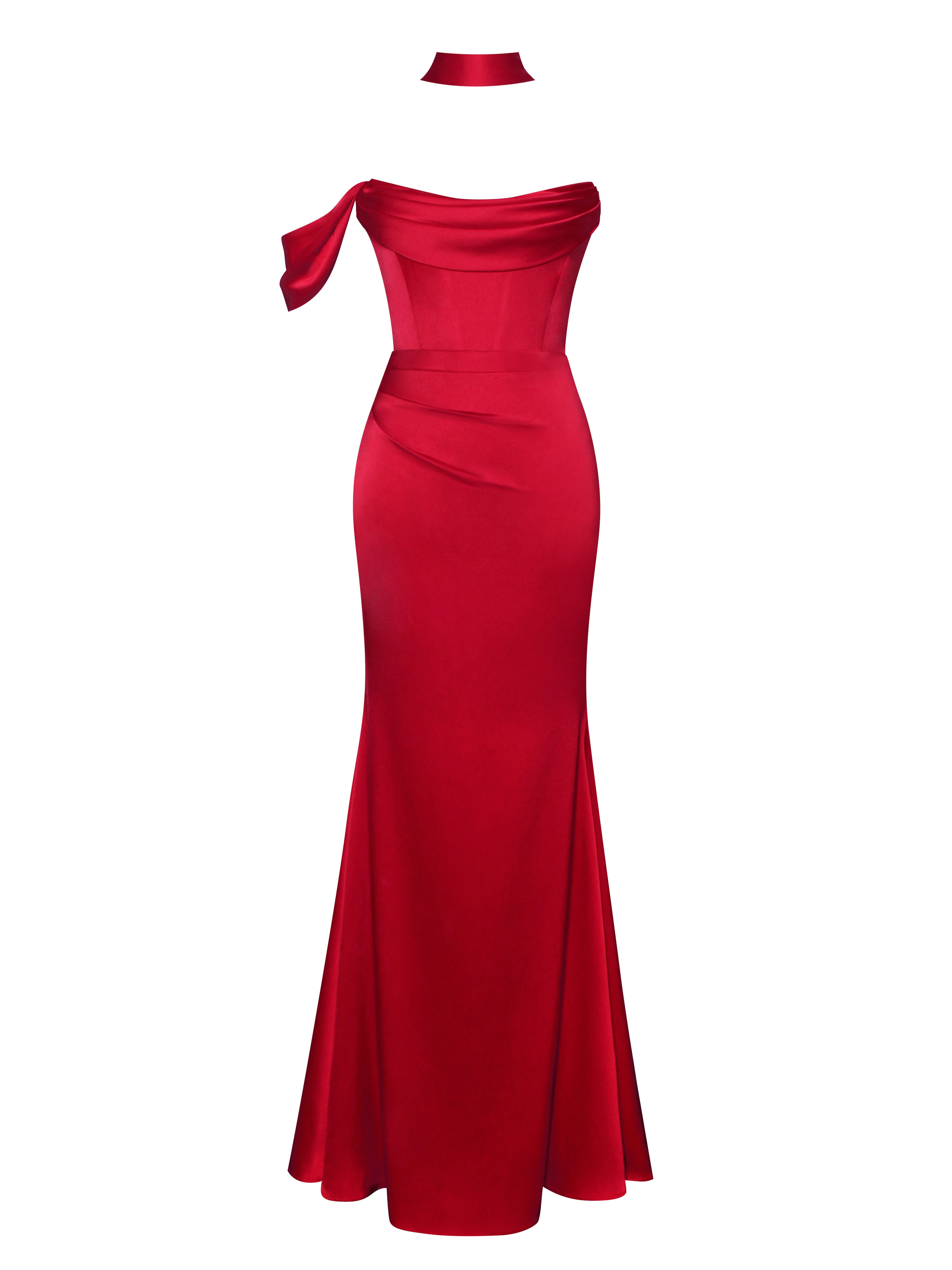 Miss Circle New York Women's Ivona Red Halter Neck Double Duchess Satin Gown In Red