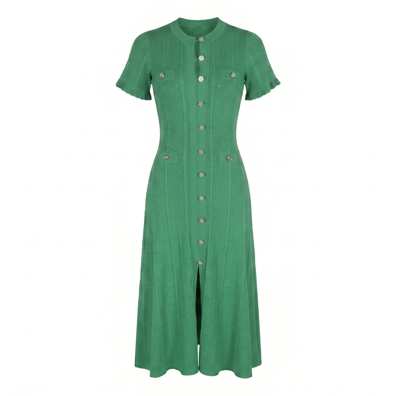 Women's Green Textured Knit Midi Dress Refined Button Front | Extra Large | Modenaire