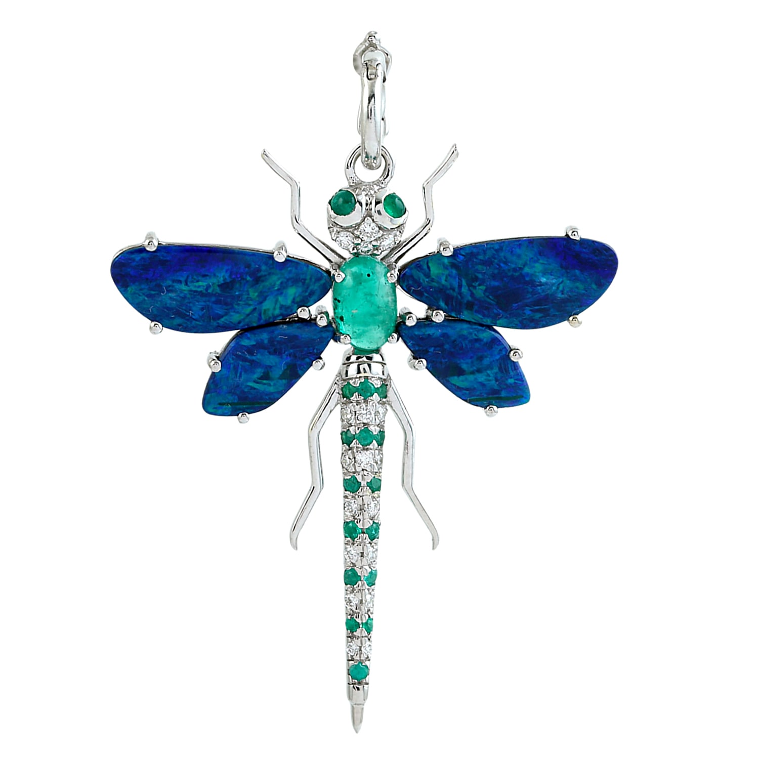 Artisan Women's White / Blue / Green Opal Doublet & Emerald Pave Diamond Dragon Fly Pendant In White Gold