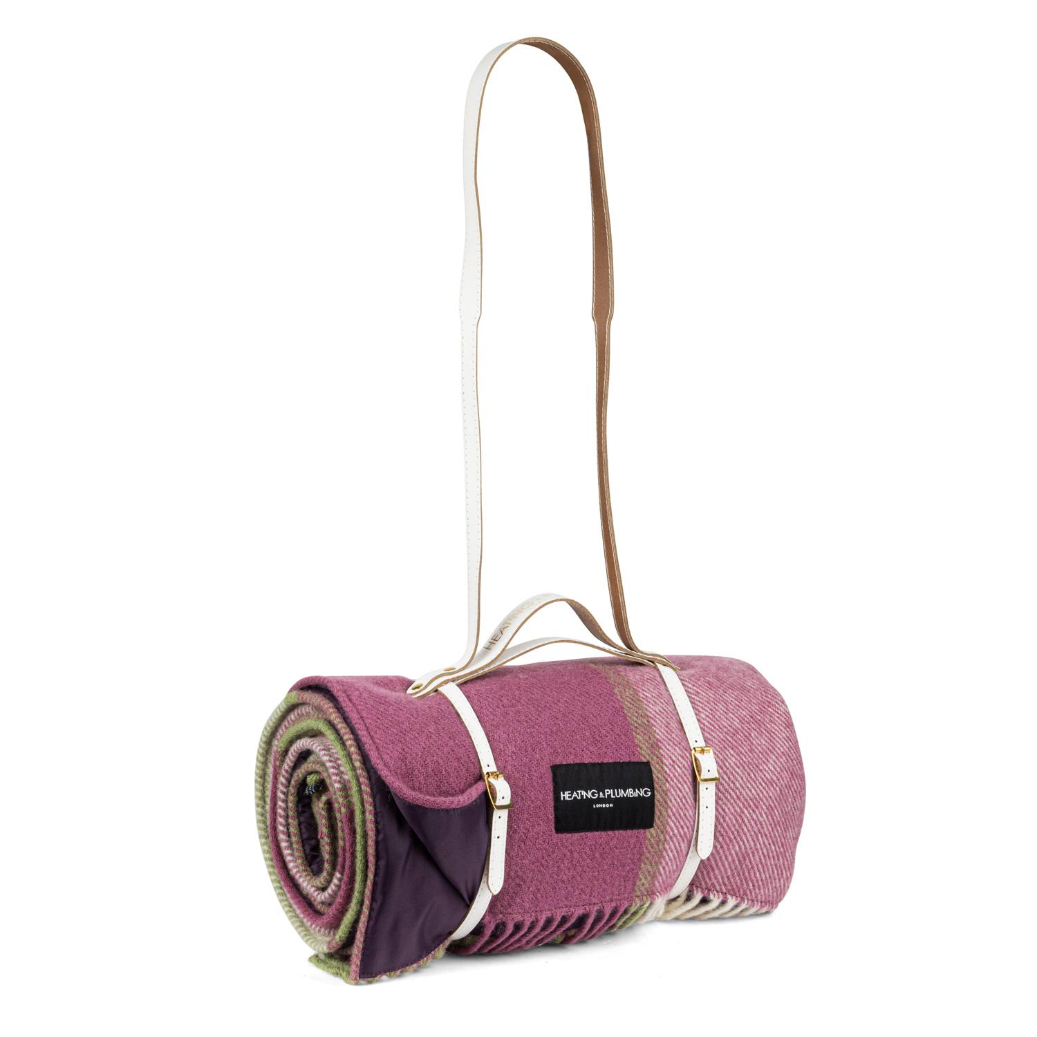 Heating & Plumbing London Pure New Wool Picnic Blanket - Pink Checks - Long White Strap In Pink