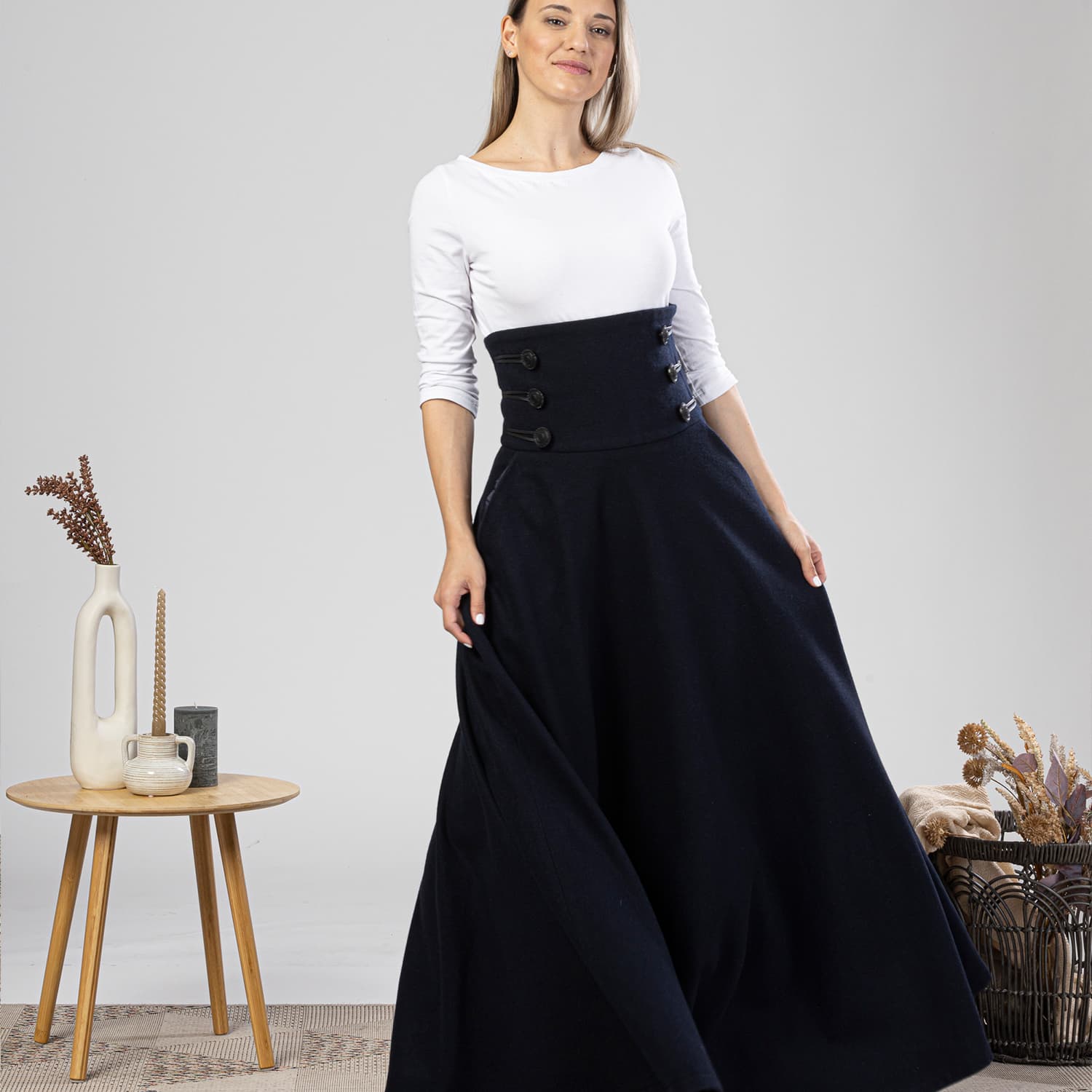 Nikka Place Empire Waist Maxi Wool Women Skirt - Blue