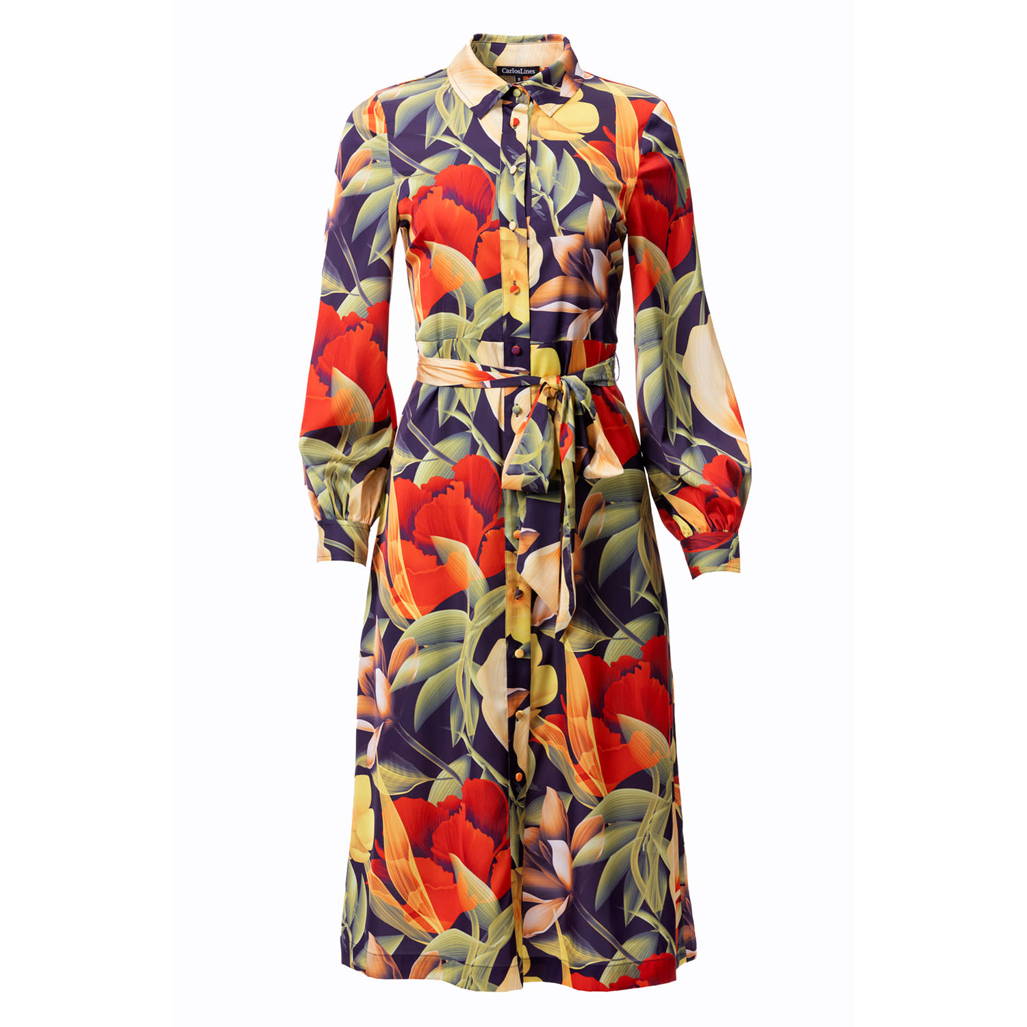 Carloslines Women's Button Down Long Sleeve Shirt Dress In Digital Floral Print