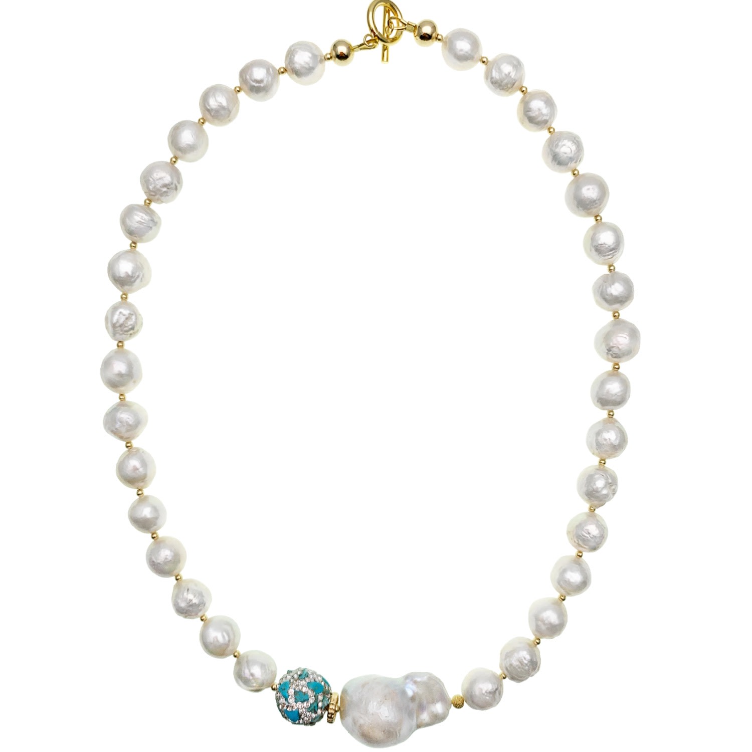 Farra Women's White Freshwater Pearls With Baroque Pearls & Turquoise Short Necklace