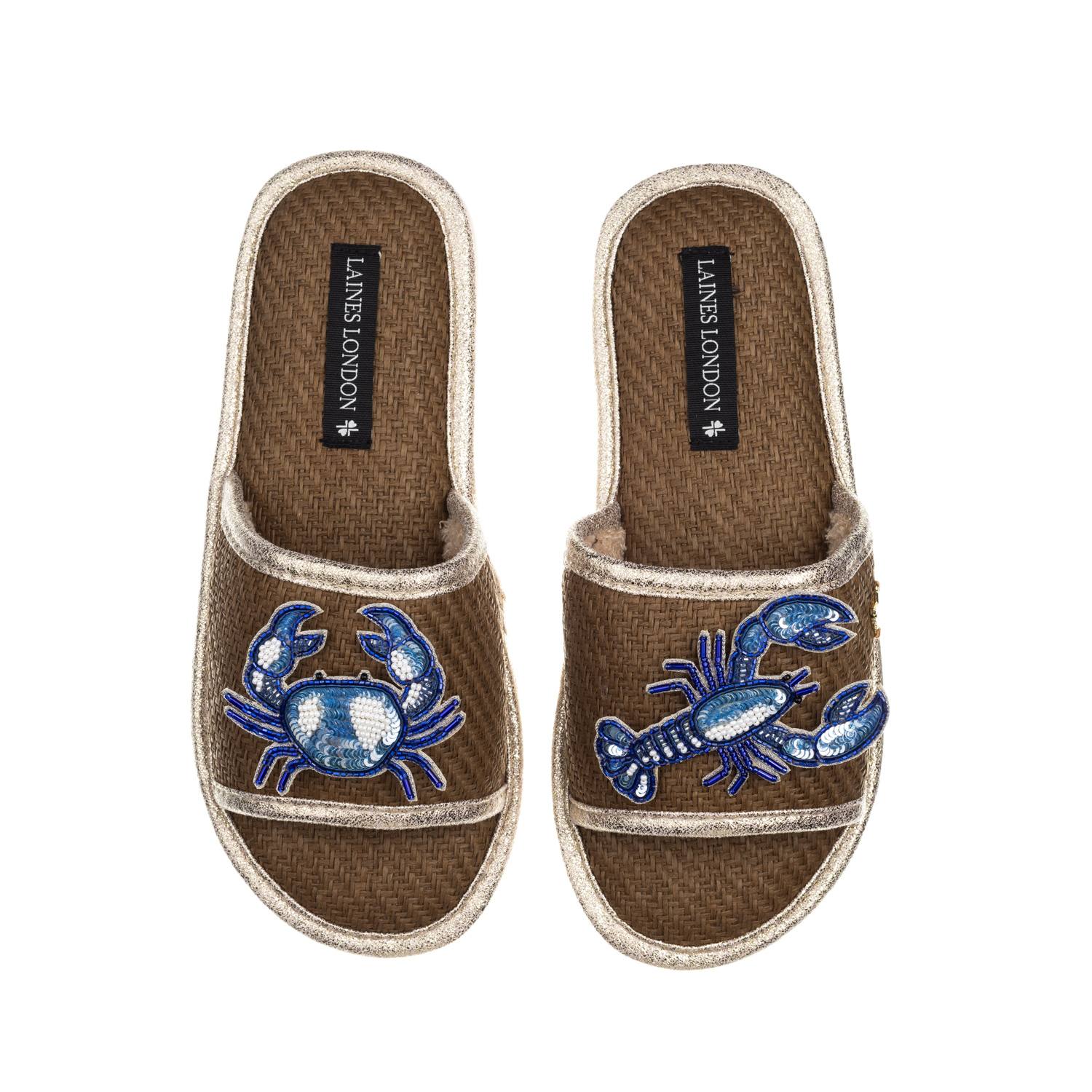 Laines London Women's Brown Straw Braided Sandals With Mediterranean Blue Crab & Lobster Brooches - Caramel In Brown