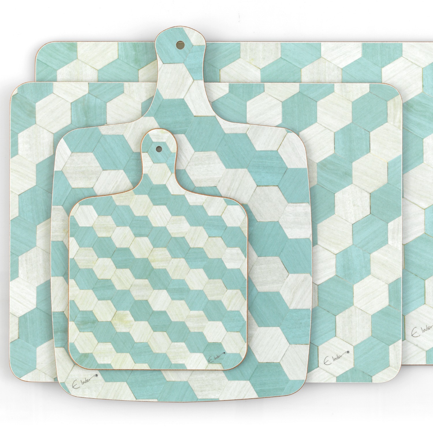 E. Inder Designs Four Chopping Boards Set. Light Blue Hexagonal Design. Two Rectangle And Two Paddle Shaped Board Mel