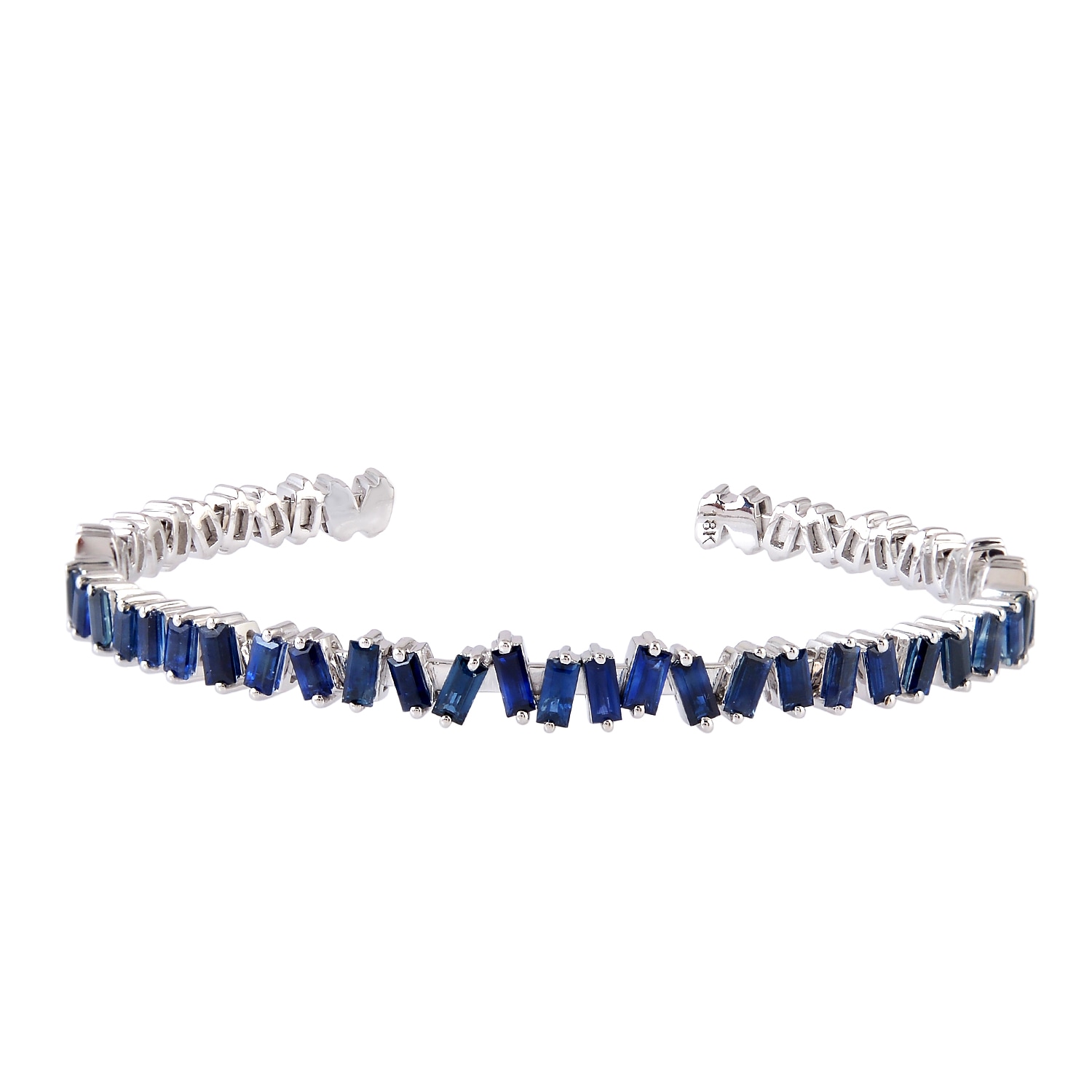 Women’s White / Blue 18K White Gold With Fireworks Baguette Blue Sapphire Cuff Bracelet Bangle Artisan