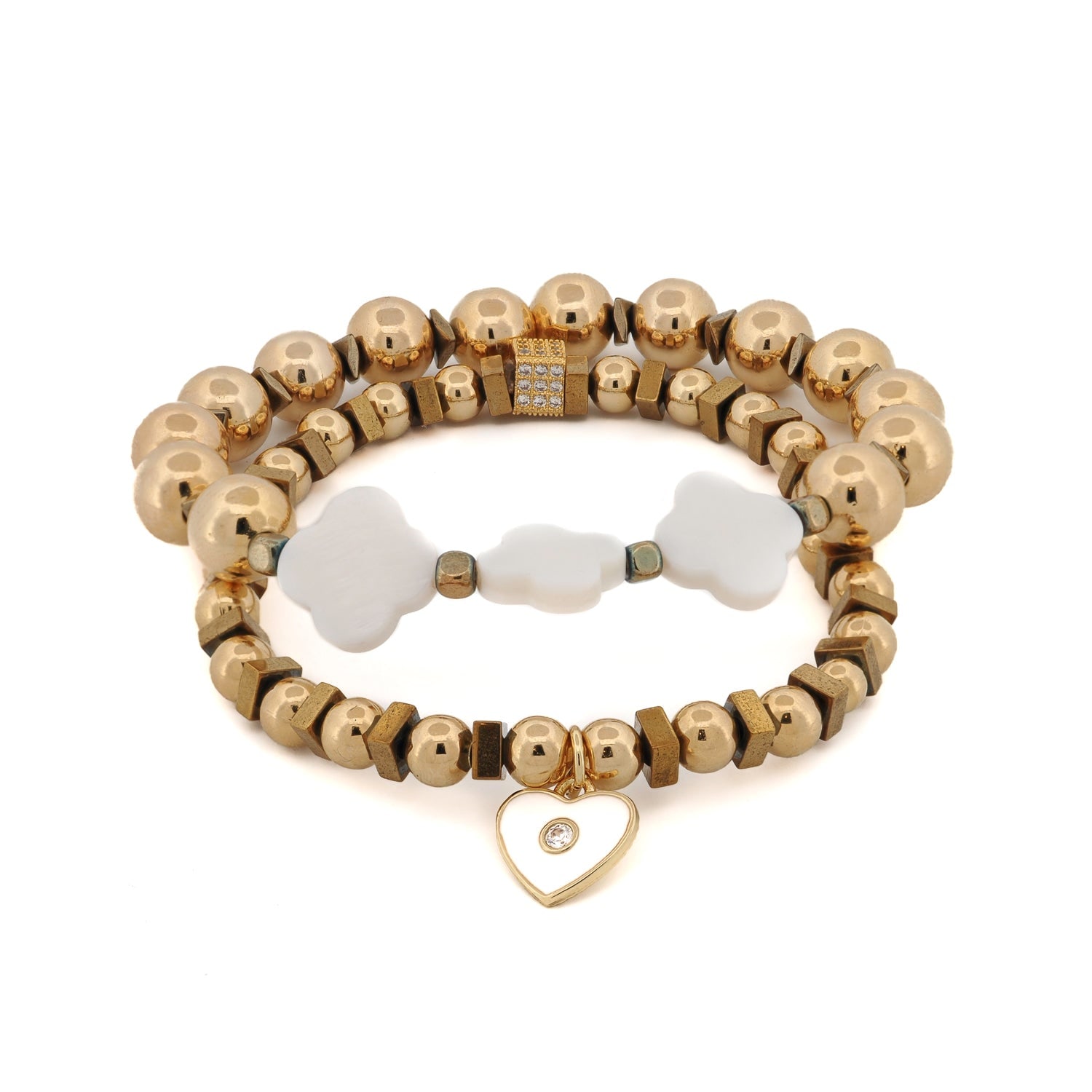 Ebru Jewelry Women's Gold / White Spiritual Heart & Lucky Clover Gold Beaded Bracelet Set - White