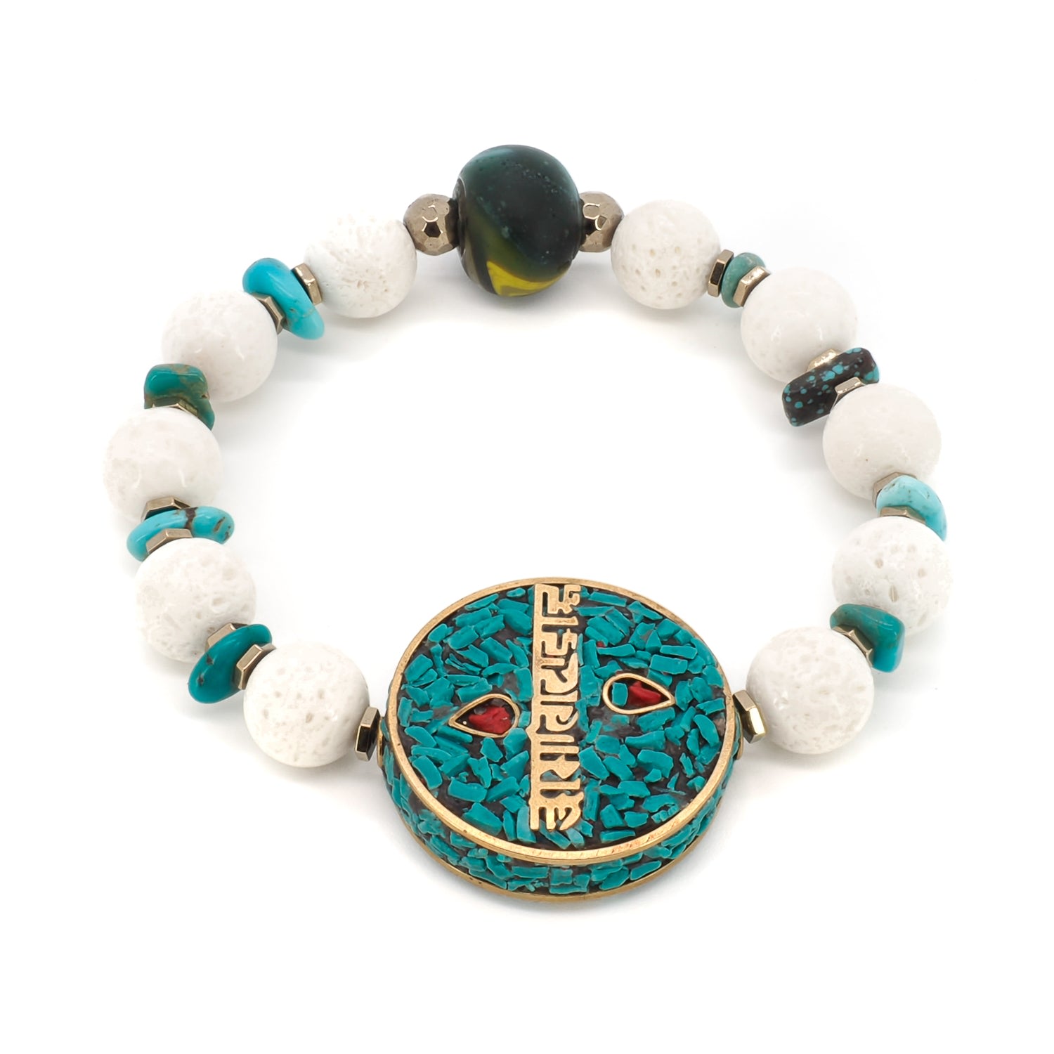 Women’s White / Gold / Blue Om Mani Padme Hum Mantra Nepal Beaded Bracelet - Turquoise Ebru Jewelry