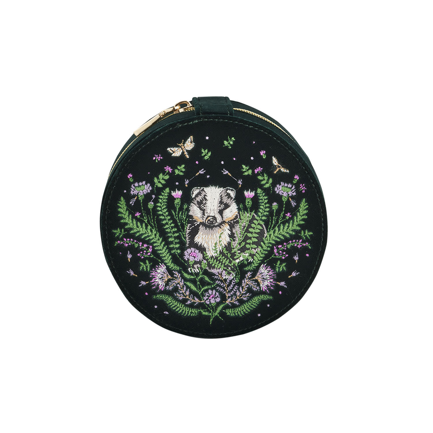 Fable England Women's Green Badger Embroidered Circle Jewellery Box In Green
