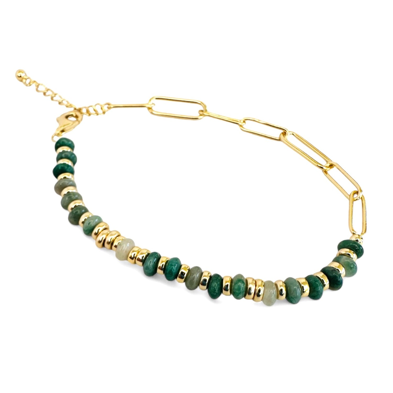 Clemence Wren Women's Gold / Green Jade Stone Paperclip Gold Bracelet - Green