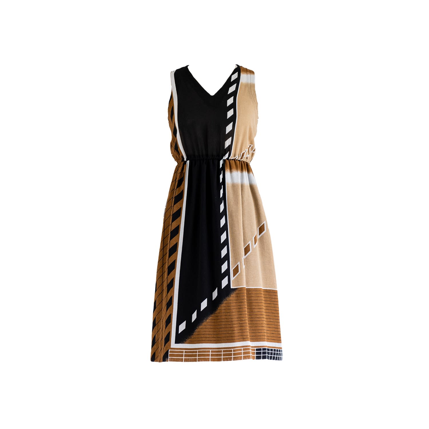 Women’s Vintage Polyester Black & Brown Sleeveless Midi Dress Small Sugar Cream Vintage