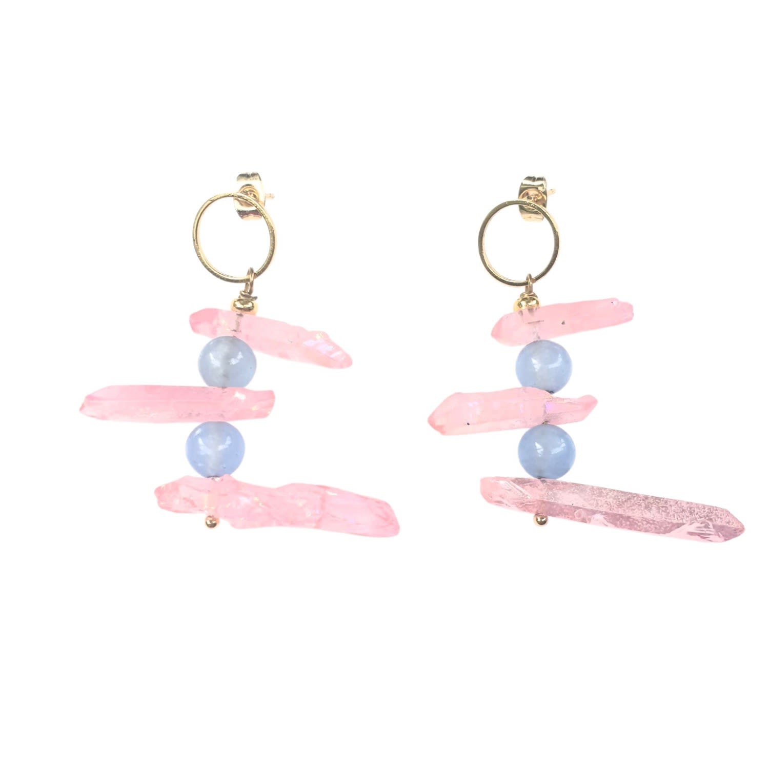 Way To Chic Women's Pink / Blue / Gold Pink Quartz & Blue Jade Golden Studs In Blue