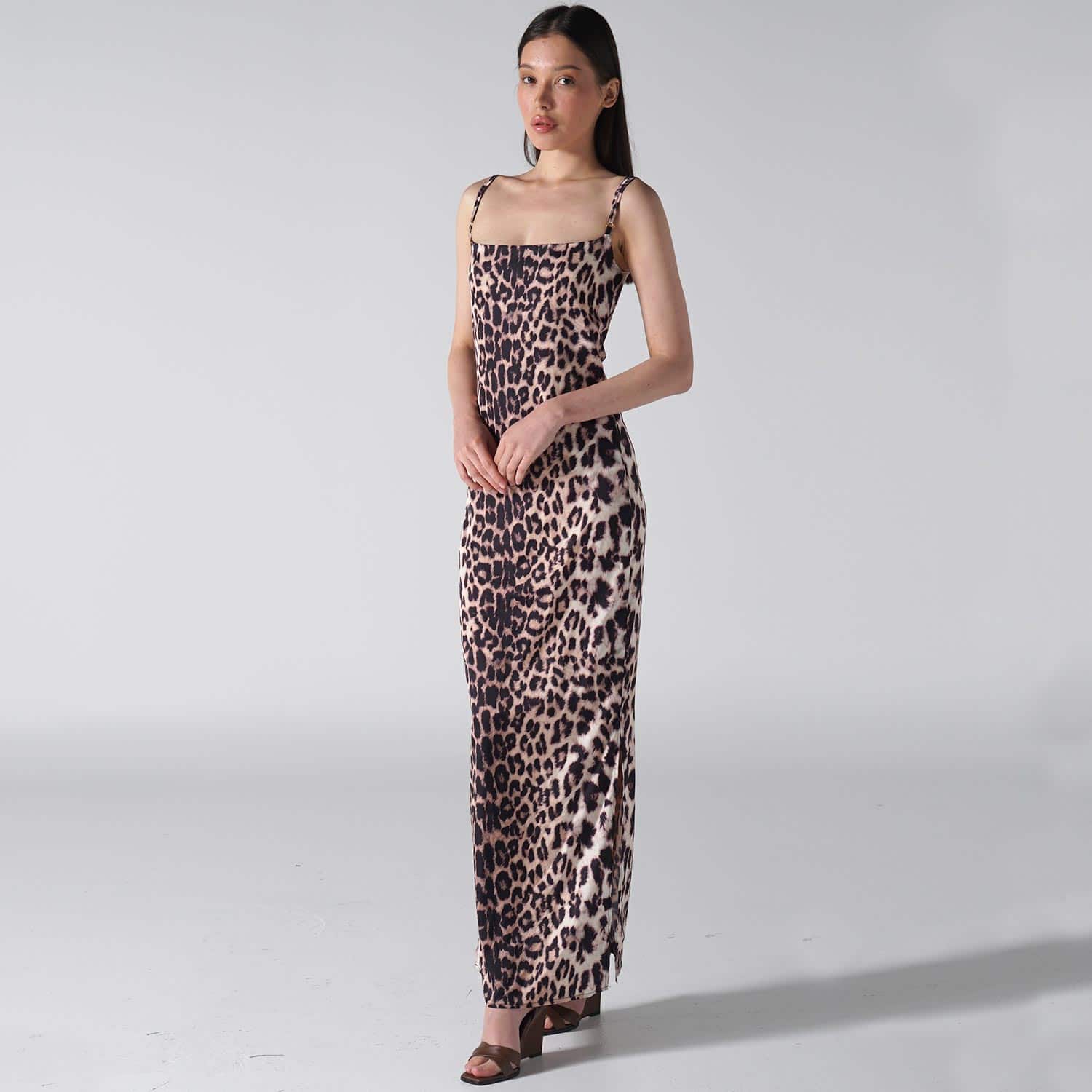 satin leopard maxi dress Taupe/Rust Satin Leopard Tiered Side Pocket Maxi Dress  PinkBlush