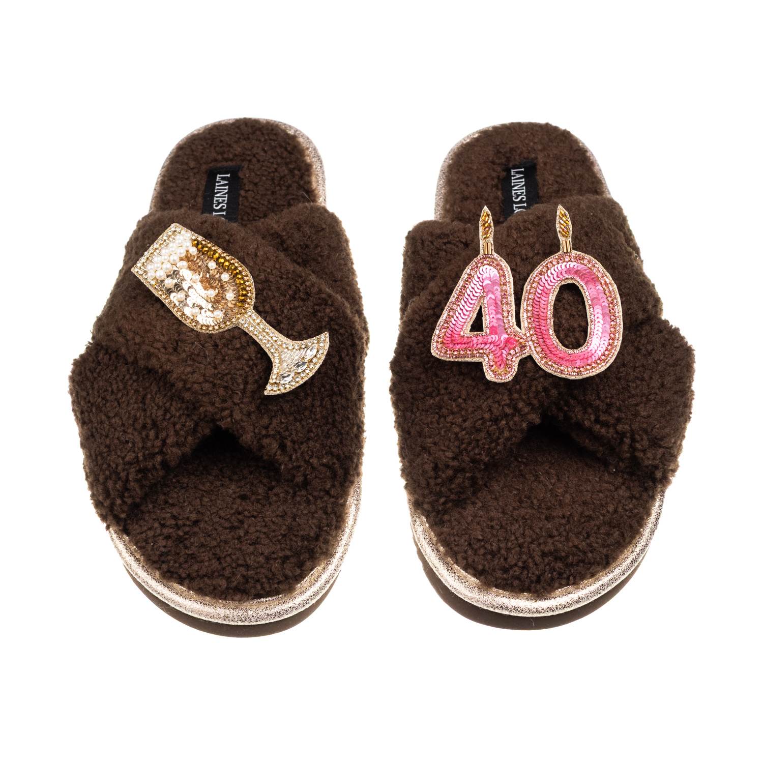 Women’s Brown / Neutrals Laines Neutral Boucle Slippers With 40Th Birthday & Champers Brooches – Mink | Medium | Laines London
