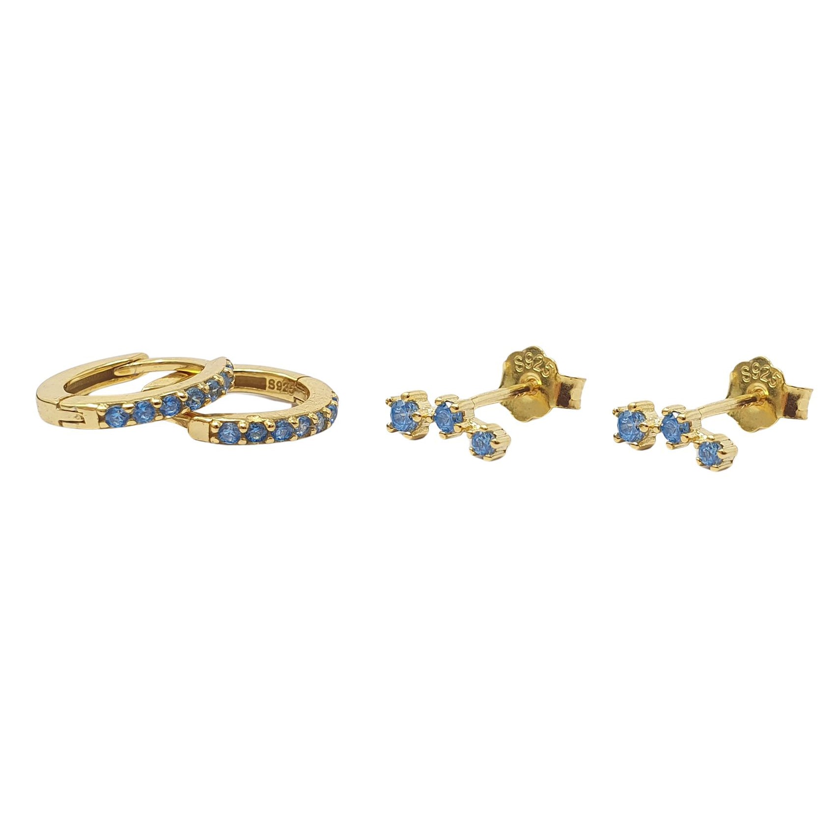 Women’s Gold / Blue Aquamarine March Birthstone Earring Gift Set: Small Huggie Hoops And Climber Studs Harfi