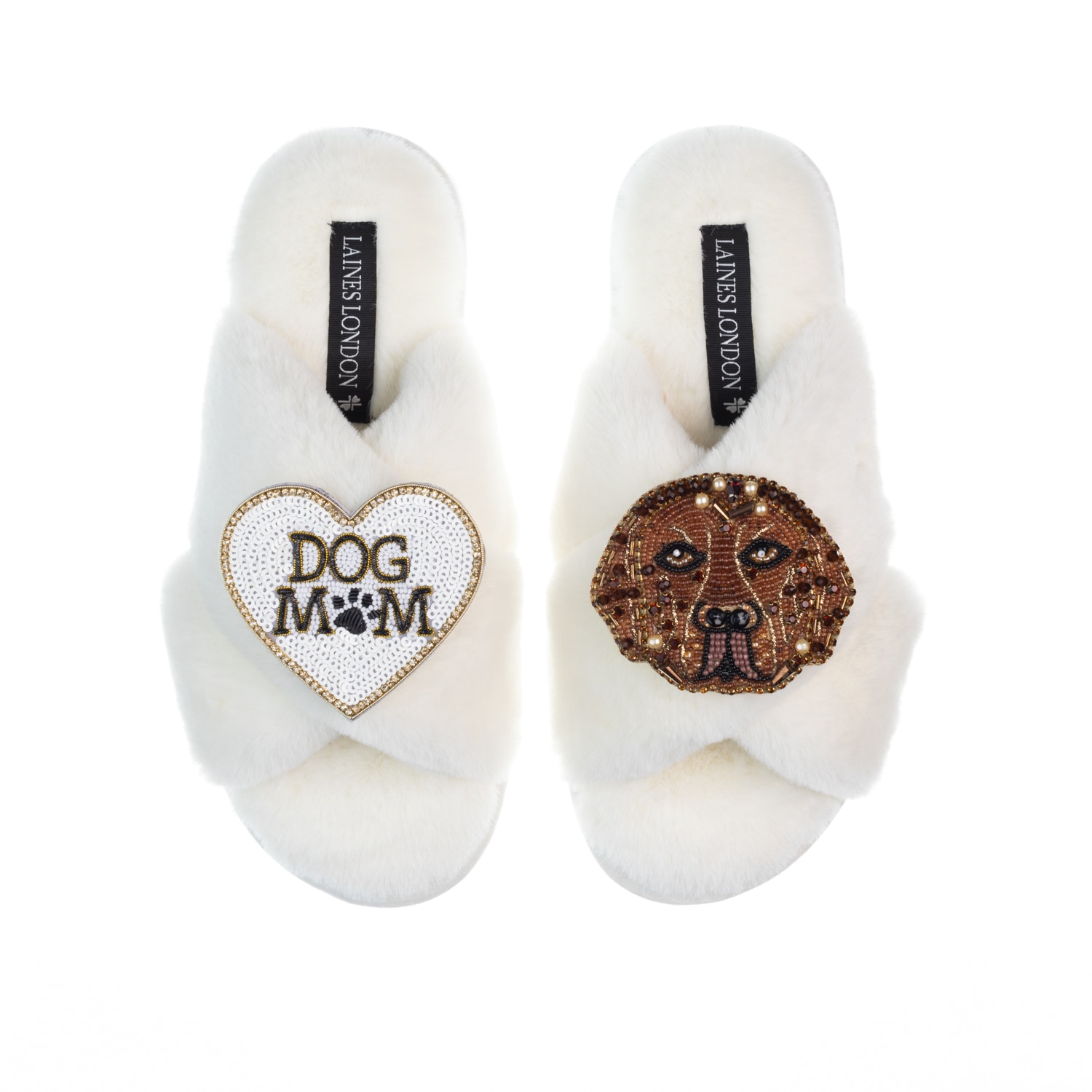 Women’s White Classic Laines Slippers With Rocco The Chocolate Lab & Dog Mum / Mom Brooches- Cream Large Laines London