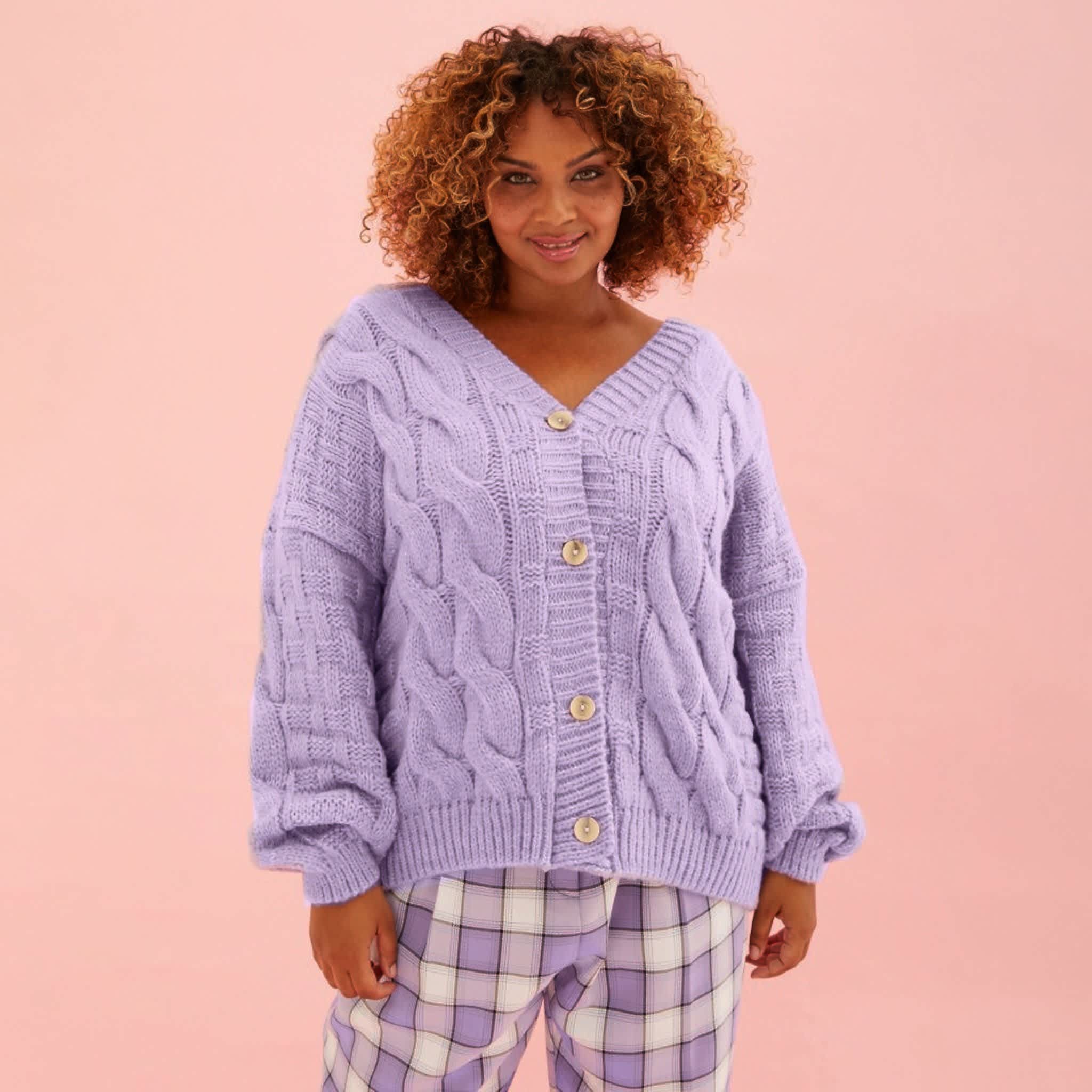 Gemma Basket Stitch Balloon Sleeve Cardigan - Lilac | Cara & The