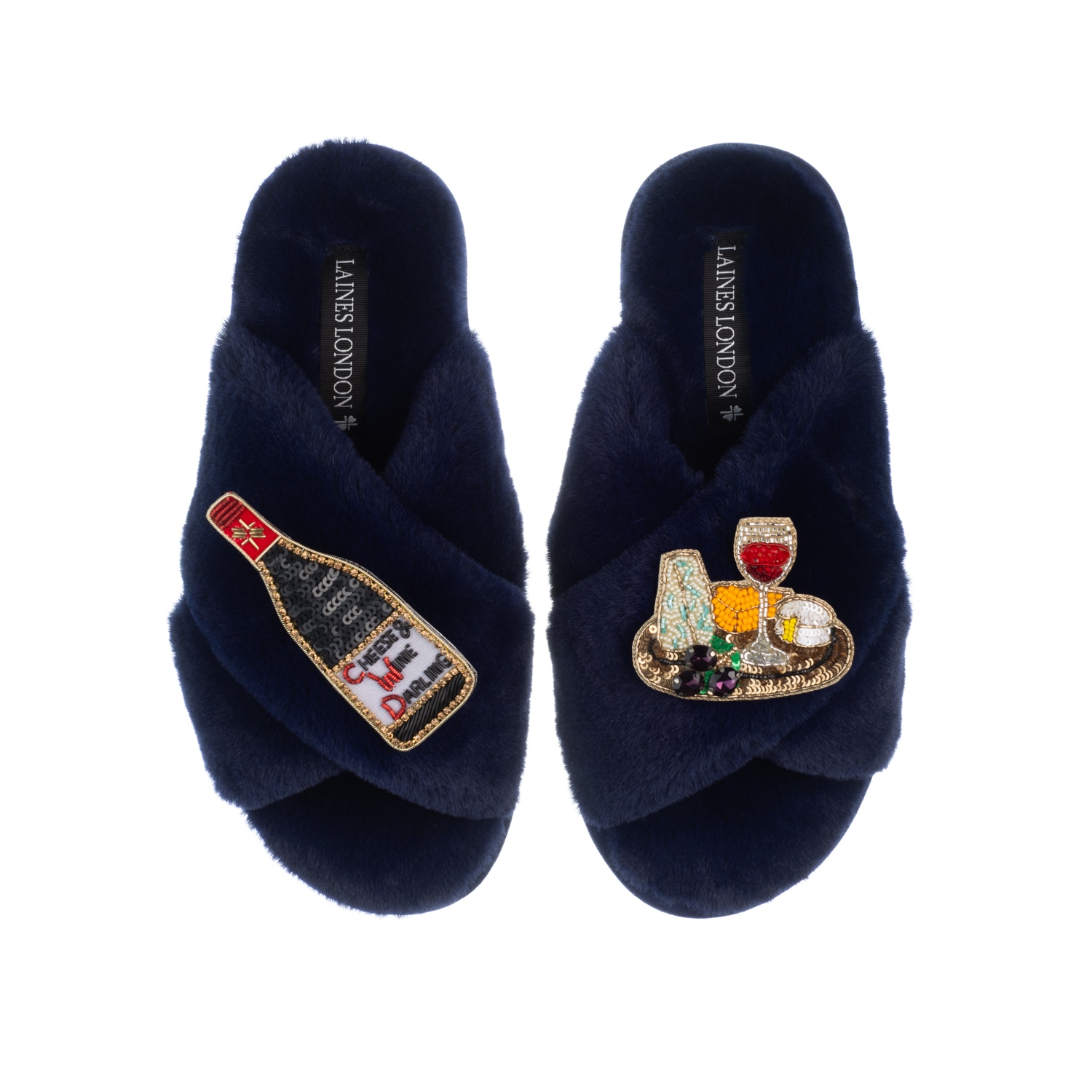 Laines London Women's Blue Classic Laines Slippers With Cheese & Red Wine Brooches - Navy In Blue