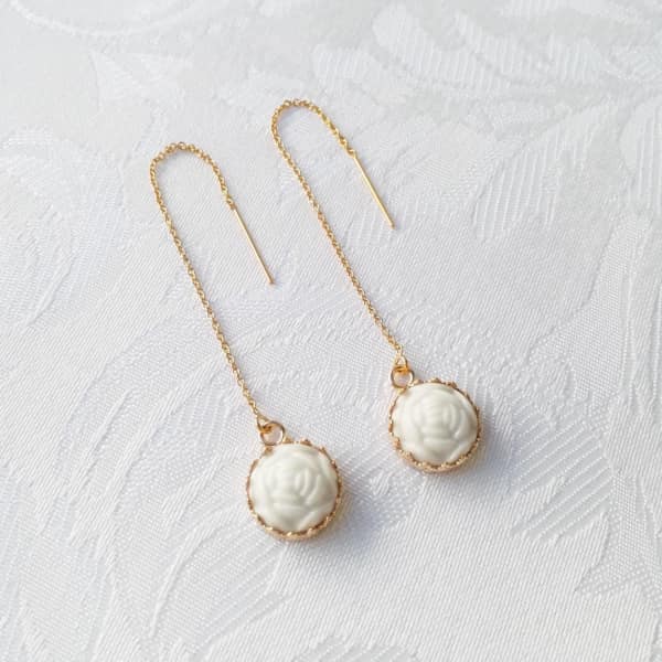 Poporcelain Mini Porcelain Rose With Gold Filled Chain Earrings