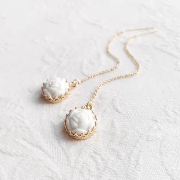 Poporcelain Mini Porcelain Rose With Gold Filled Chain Earrings