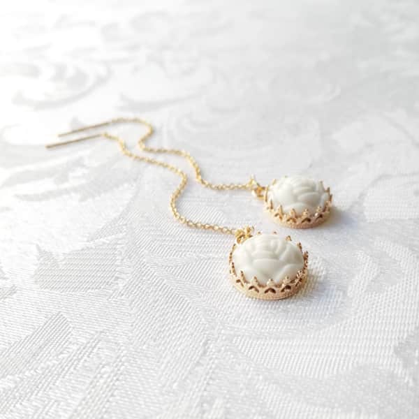 Poporcelain Mini Porcelain Rose With Gold Filled Chain Earrings