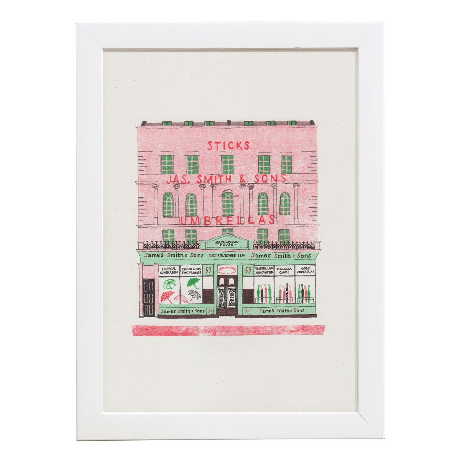 Green / Black / Red James Smith & Son Umbrella Shop Risograph Print Rosa & Clara Designs