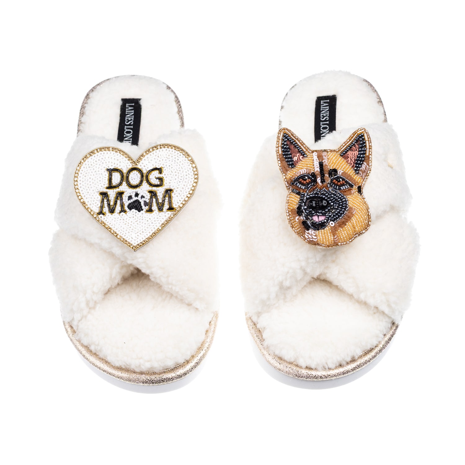 Laines London Women's Neutrals / White Laines Neutral Boucle Slippers With Roxy German Shepherd & Dog Mum/mom Broo