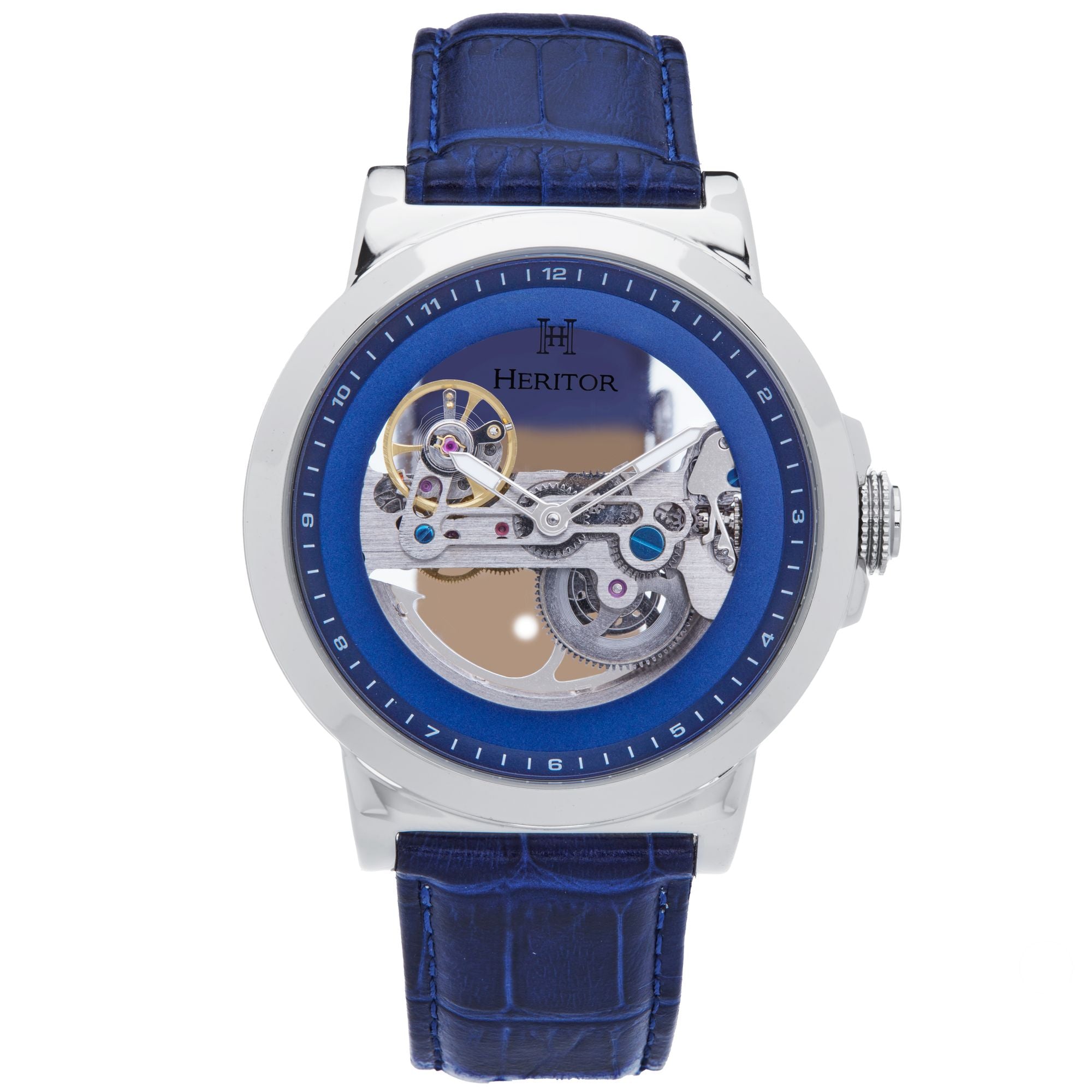 Men’s Silver / Blue Xander Leather-Band Skeleton Watch - Blue, Silver One Size Heritor Automatic